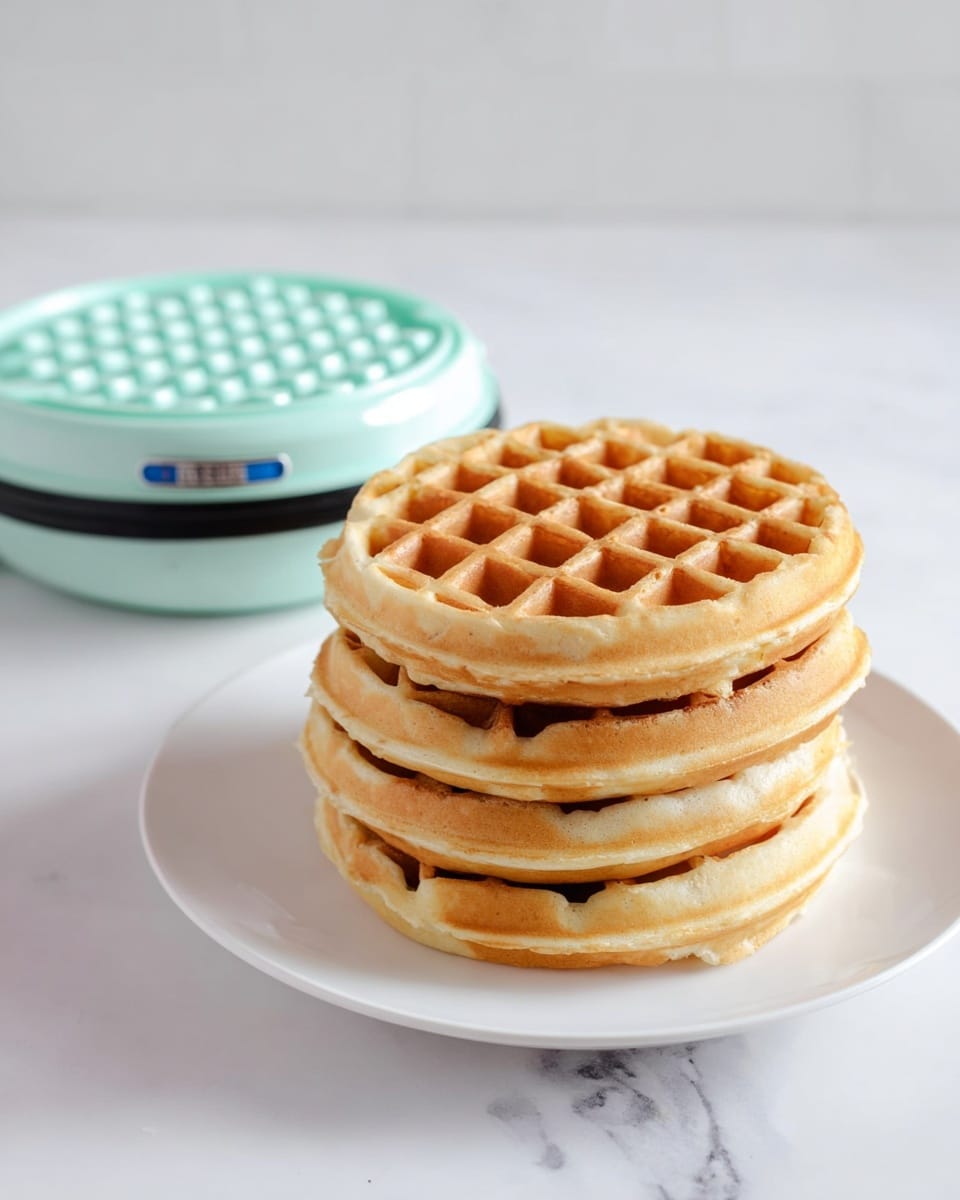 A stack of five round golden waffles with a light crisp texture and deep grid pattern is placed on a white plate, positioned in the lower left of the image. Each waffle shows a uniform light brown color with slight shading on the edges, stacked evenly to form a neat tower. Behind the plate, slightly to the right, a small, round waffle maker in a soft mint green color with a blue button on top rests on a white marbled surface. The scene is brightly lit with soft natural light highlighting the waffles’ texture and the smooth finish of the waffle maker. Photo taken with an iphone --ar 4:5 --v 7