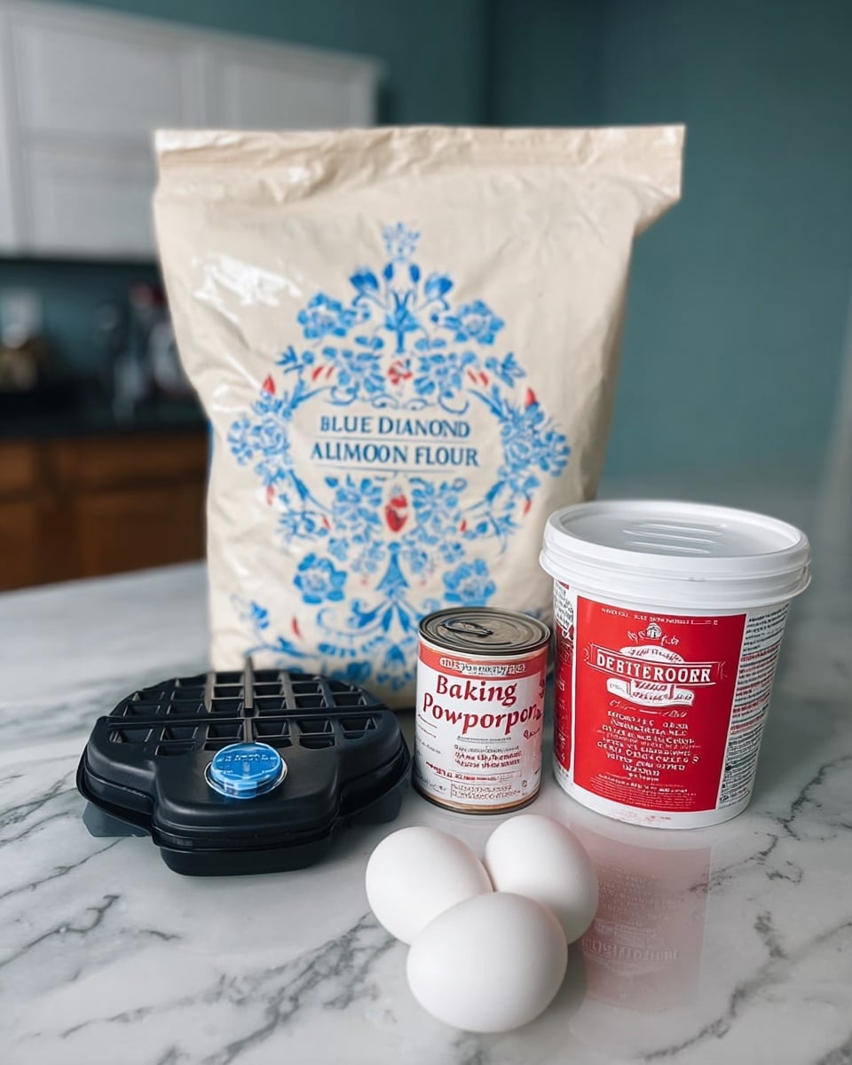 A clear view of a kitchen table with a white marbled surface holding baking items arranged neatly: a large cream-colored bag of Blue Diamond Almond Flour with blue floral designs centered at the back, in front on the right is a white tub of Breakstone’s Sour Cream with a red label, next to it is a small white can of Baking Powder with red and white label text, and two white eggs lying side by side just in front of the bag; on the left side of the frame is a small black waffle maker with a blue button on top. Photo taken with an iphone --ar 4:5 --v 7