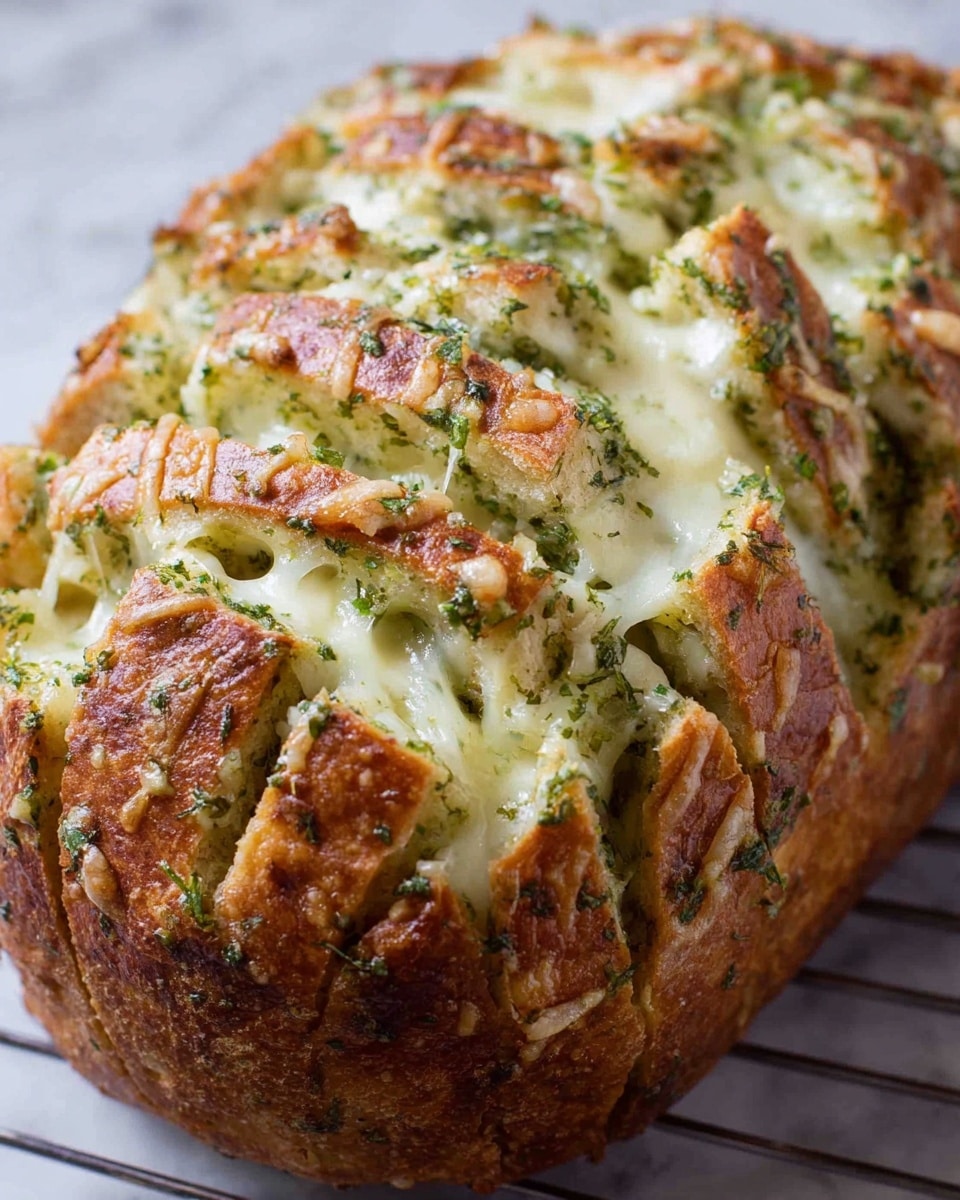 A golden brown loaf of bread sits with many deep cuts across the top, filled with melted white cheese and sprinkled with green herbs like parsley and rosemary inside the cuts and on top. The bread crust looks crispy and toasted with a textured surface. The melted cheese appears soft and slightly stretched between the cuts, with green herb bits mixed in, giving a fresh and savory look. The photo is taken close up showing the loaf’s rich color and textures on a white marbled surface. photo taken with an iphone --ar 4:5 --v 7