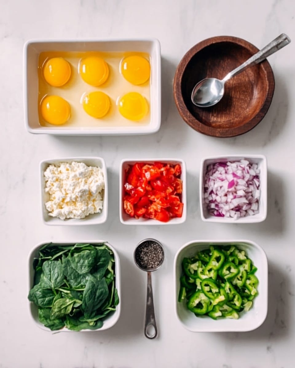 The image shows eight containers on a white marbled surface. There is a white rectangular dish on the top left filled with six raw yellow egg yolks and egg whites. Next to it on the right is a dark wooden round container with a round metal spoon on top. Below the wooden container are three small white square bowls aligned in a row; the left one contains crumbled white cheese, the middle one has chopped red tomatoes, and the right one holds chopped red onions. Below these bowls are two larger white square bowls; the left one is filled with fresh green spinach leaves, and the right one contains chopped green bell peppers. A small metal measuring spoon with black seeds is positioned between the green bowls in the center. photo taken with an iphone --ar 4:5 --v 7
