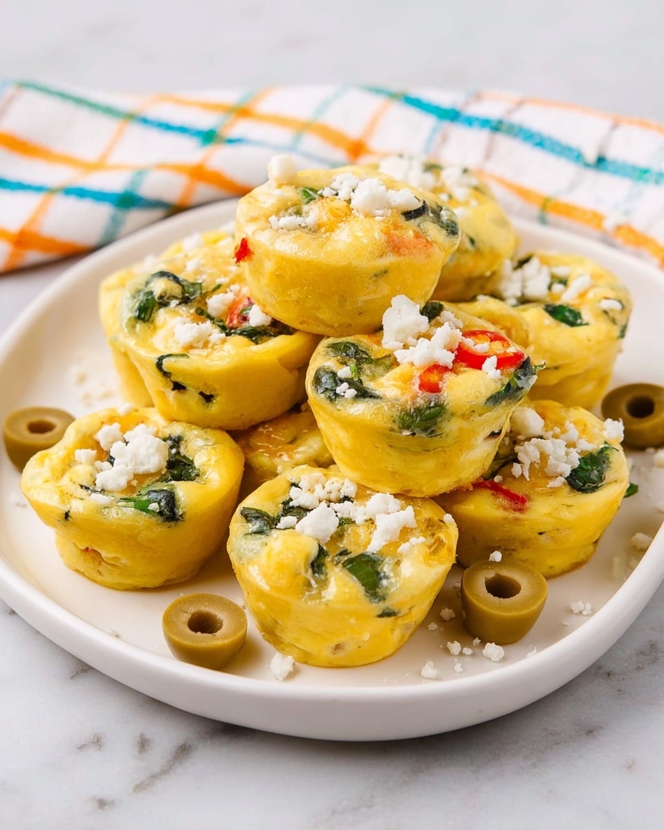 A white oval plate holds a stack of small, round egg muffins with a smooth yellow surface. Each muffin is filled with green spinach pieces and small chunks of red bell pepper, creating a colorful contrast. Sprinkled white cheese crumbles top the muffins, adding texture. Around the base of the muffins are scattered sliced green olives. The plate sits on a white marbled surface and is partially covered by a white cloth with a light plaid pattern in orange, green, blue, and yellow. photo taken with an iphone --ar 4:5 --v 7