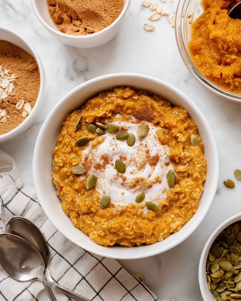 The image shows a white bowl filled with a thick, creamy pumpkin oatmeal that is orange-brown in color. The oatmeal has a slightly chunky texture and is topped with a swirl of white cream or milk in the center. On top of this are scattered green pumpkin seeds and a light dusting of brown cinnamon or spice powder. Around the bowl are additional bowls and containers with more pumpkin puree, brown sugar, and pumpkin seeds, all set on a white marbled surface. Two silver spoons lie next to the main bowl and a checkered cloth is partially visible nearby. Photo taken with an iphone --ar 4:5 --v 7
