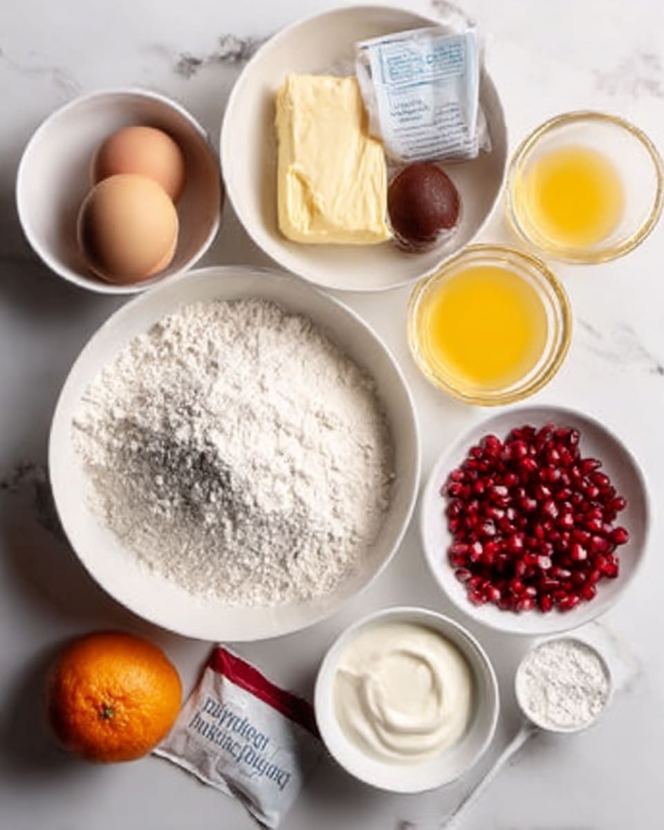 The image shows several white bowls with ingredients arranged on a white marbled surface. The largest bowl in the center contains a heap of white flour. Above it and to the left, a white bowl holds butter wrapped in paper, a dark brown substance, and a round light beige item. To the right, small clear bowls contain orange juice, a light yellow liquid, and bright red pomegranate seeds. Below, a small white bowl holds a white creamy substance, and next to it, there is an orange fruit. At the bottom left, a woman's hand holds a red utensil near a white bowl with eggs and a small packet labeled
