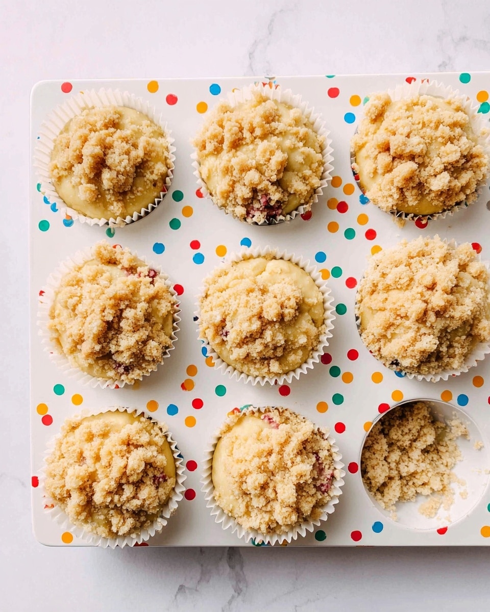 The image shows seven unbaked muffins with a crumbly golden-brown streusel topping. Each muffin has two main layers: a pale yellow batter base and a coarse, chunky streusel layer on top, sitting in white paper liners within a white muffin tray decorated with colorful polka dots. The muffins are evenly spaced, and small bits of streusel fall around the edges. The tray rests on a white marbled surface, creating a clean and bright background. Photo taken with an iphone --ar 4:5 --v 7