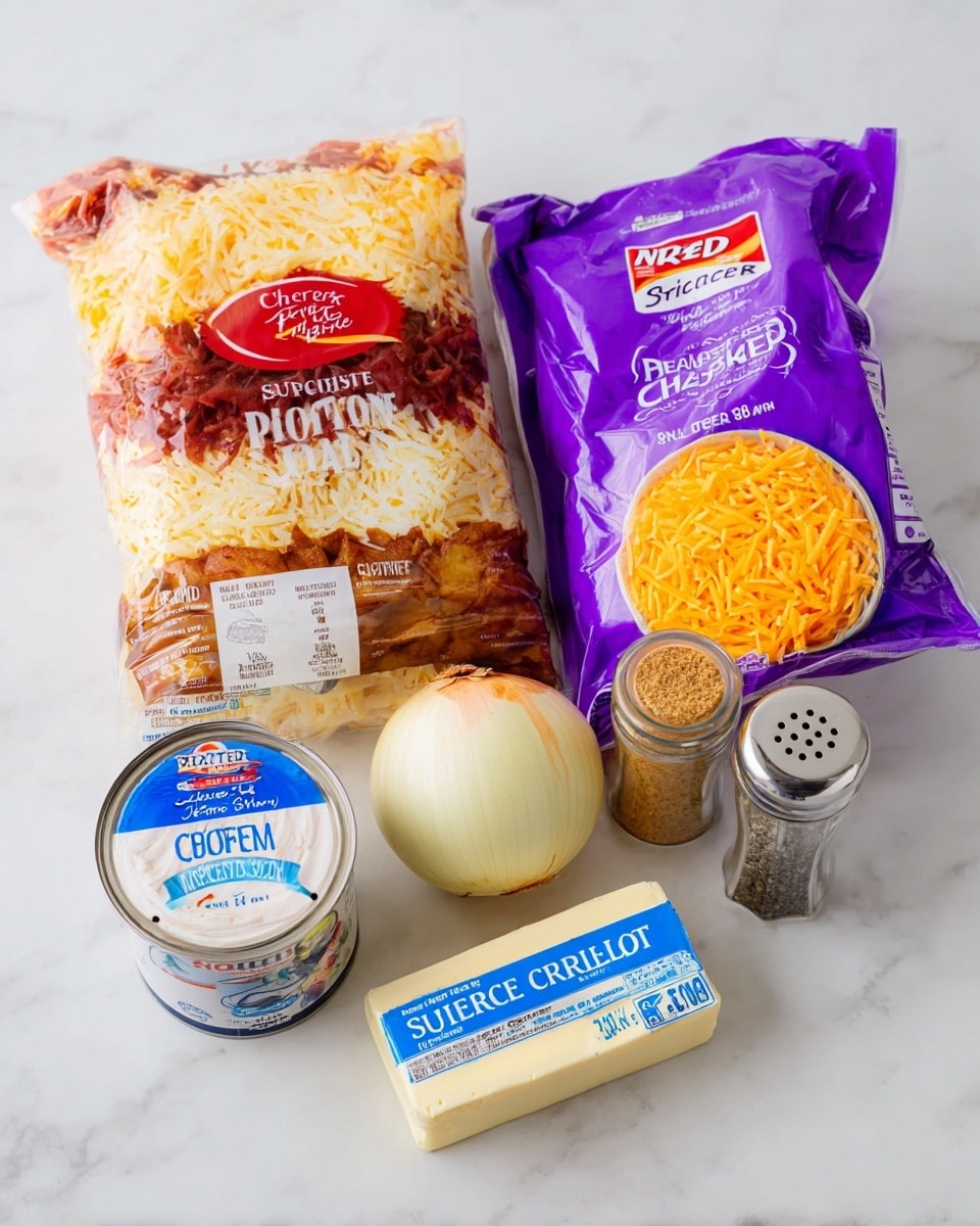 The image shows several cooking ingredients arranged on a white marbled surface. In the back, there is a large bag of shredded hash brown potatoes with shades of red, yellow, and brown on the packaging. Next to it on the right side is a purple bag of finely shredded sharp cheddar cheese with bright orange cheese visible inside. In front of the bag of potatoes, there is a whole round yellow onion. To the left, there is a white container of sour cream with a red and blue label, and beside it is a small can of cream of chicken condensed soup in blue and white packaging. A stick of salted butter with clear measurement markings and a blue label is placed horizontally in front of the onion. On the far right side, there is a small pepper shaker with a clear body and metallic lid. The overall lighting is bright and evenly spread. Photo taken with an iphone --ar 4:5 --v 7
