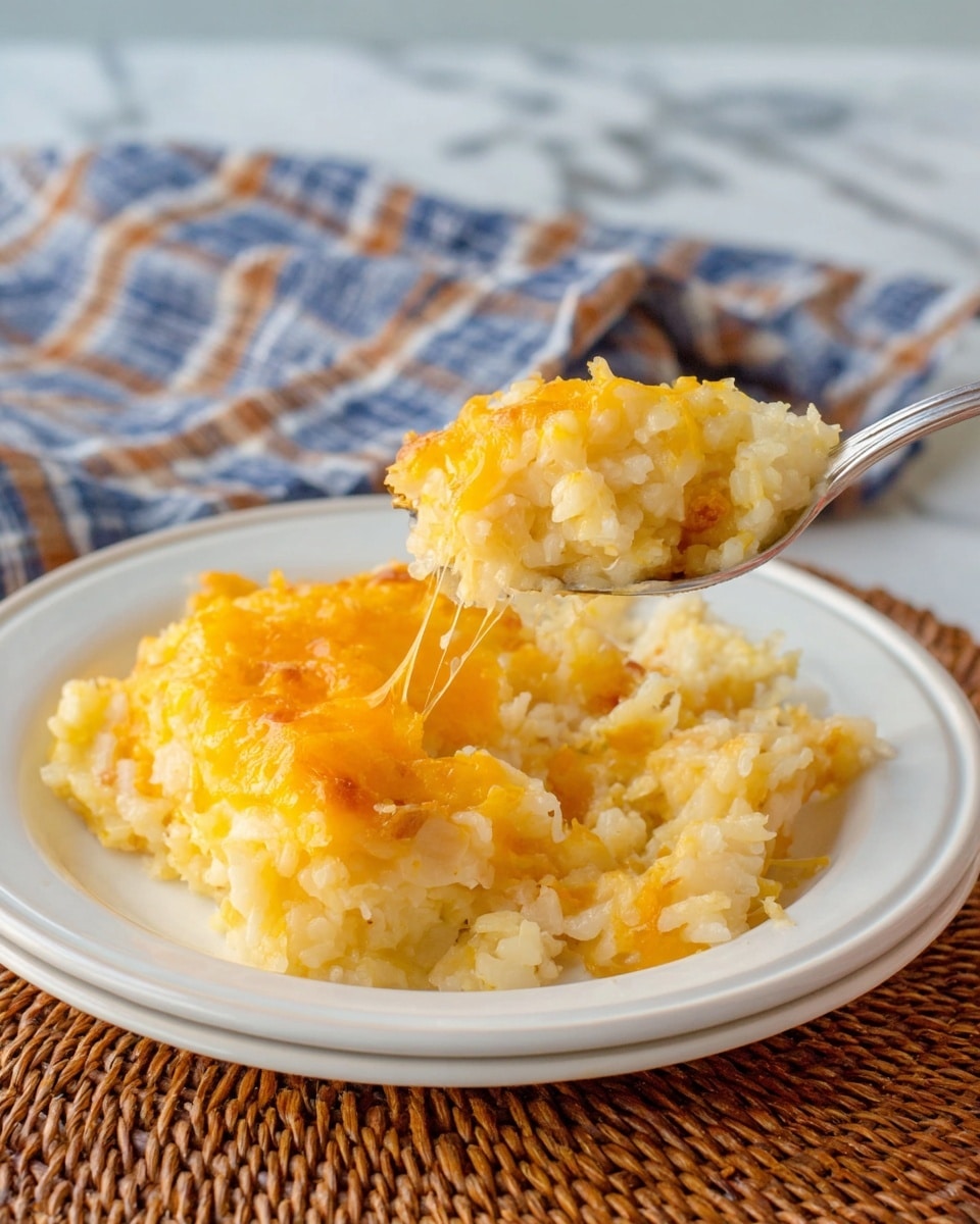 A white plate holds a creamy casserole dish with two visible layers: the bottom layer is a mix of soft, pale yellow rice or potatoes with bits of white and light yellow texture, while the top layer is a melted bright orange cheese that covers the dish unevenly. A silver fork holds a scoop of the casserole above the plate, showing off the creamy, moist texture with stringy melted cheese strands. The plate sits on a brown woven mat and next to a blue, white, and brown checkered cloth on a white marbled surface. Photo taken with an iphone --ar 4:5 --v 7