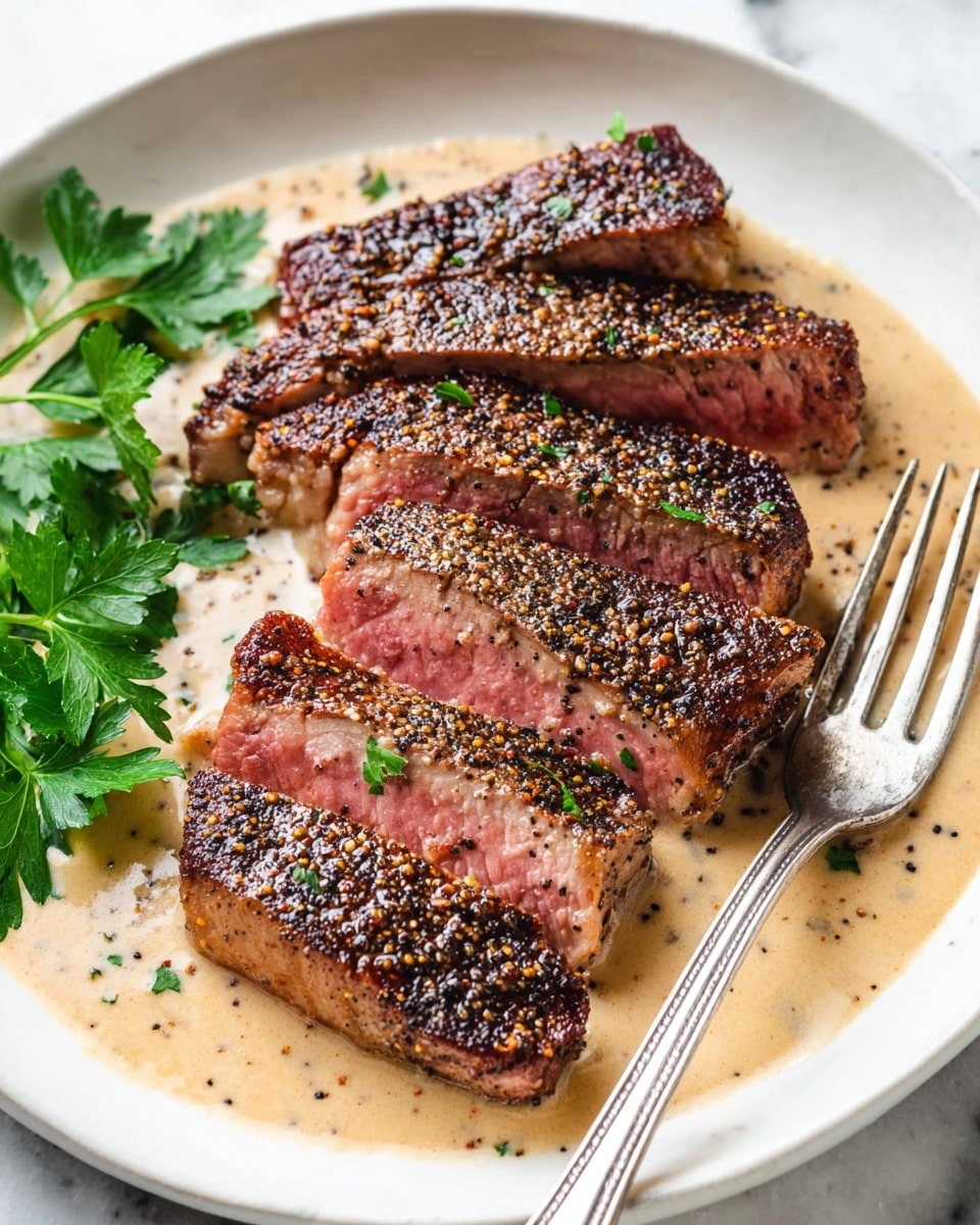 A white plate holds a sliced steak with a dark pepper crust on top, showing a pink, juicy center in each of the six thick slices. The steak lies in a creamy light tan sauce that pools around the edges. On the side of the plate, fresh green parsley adds a pop of color. A fork with a shiny silver handle is placed at the bottom near the steak. The whole scene is set on a white marbled surface. photo taken with an iphone --ar 4:5 --v 7
