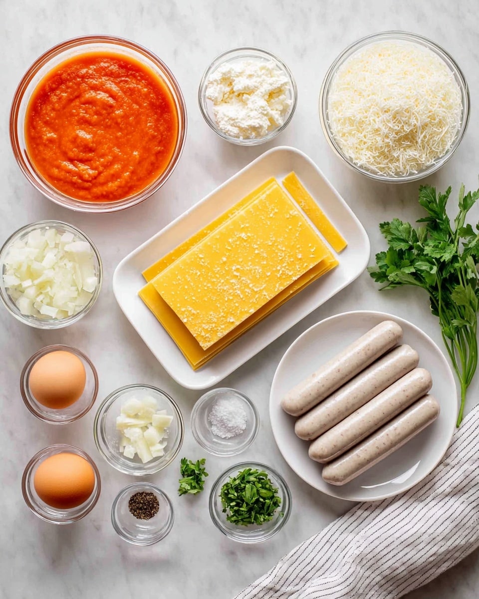 The image shows ingredients for a dish laid out on a white marbled surface. In the center is a white rectangular plate with three yellow lasagna sheets stacked neatly. Around it are clear glass bowls of different sizes holding orange tomato sauce (top left), grated white cheese (top right), and white cottage cheese (bottom right). A white round plate on the right holds four uncooked beige sausages. Smaller white and clear containers hold chopped onions (bottom left), chopped garlic (middle top), an egg (top right), black pepper, salt, and green chopped herbs (top center and bottom). A sprig of fresh parsley is on the surface next to the bowls. A striped white and gray cloth is on the right side of the image. Photo taken with an iphone --ar 4:5 --v 7