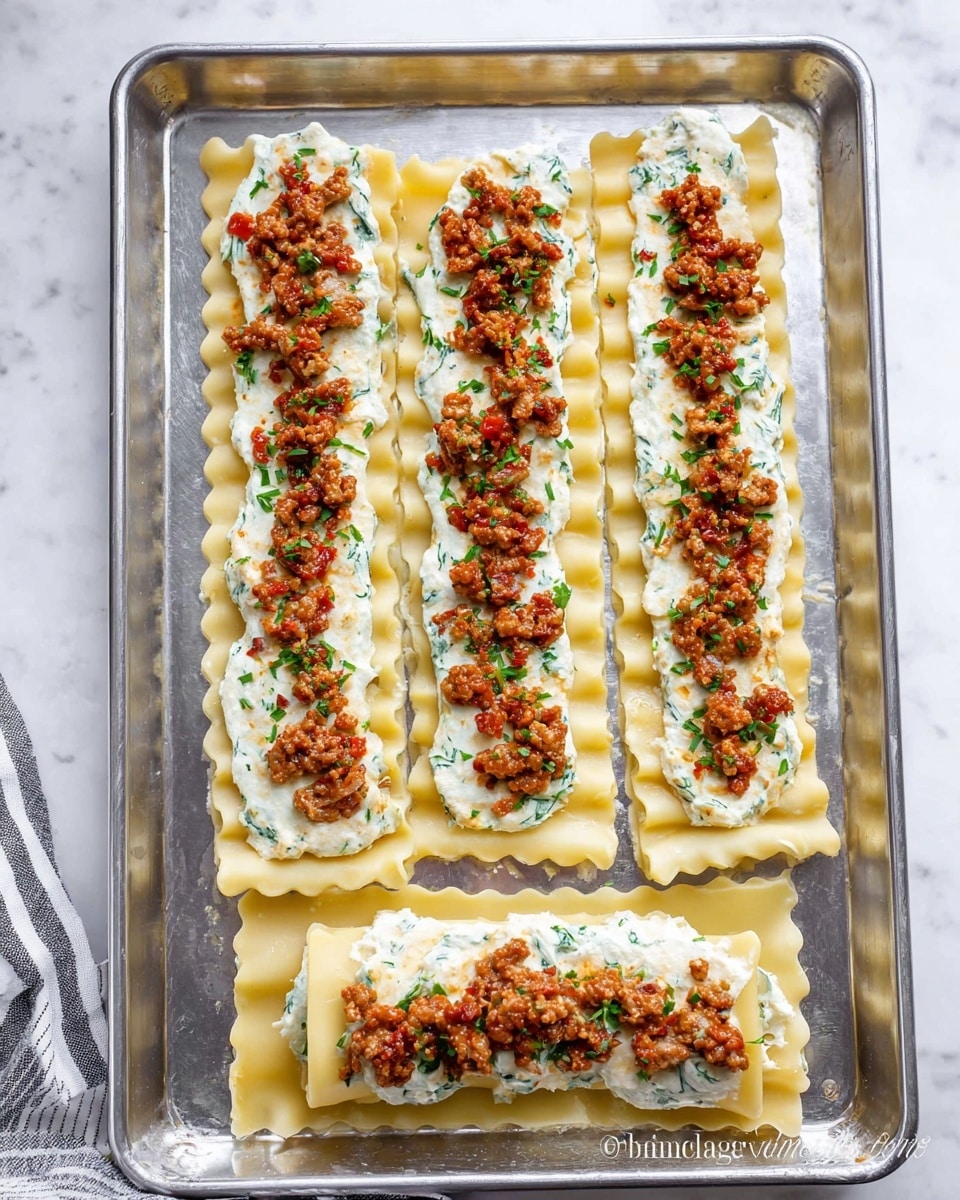 The image shows a silver baking tray with five long strips of lasagna noodles placed horizontally, each spread with a creamy white layer mixed with green herbs. On top of this creamy layer, there is a layer of small brown crumbled cooked meat with some red bits. At the bottom left, two of the strips are folded into square shapes, forming two rolled pieces, showing the layers inside. The tray is on a white marbled surface with a striped towel partly visible on the upper left side. Photo taken with an iphone --ar 4:5 --v 7