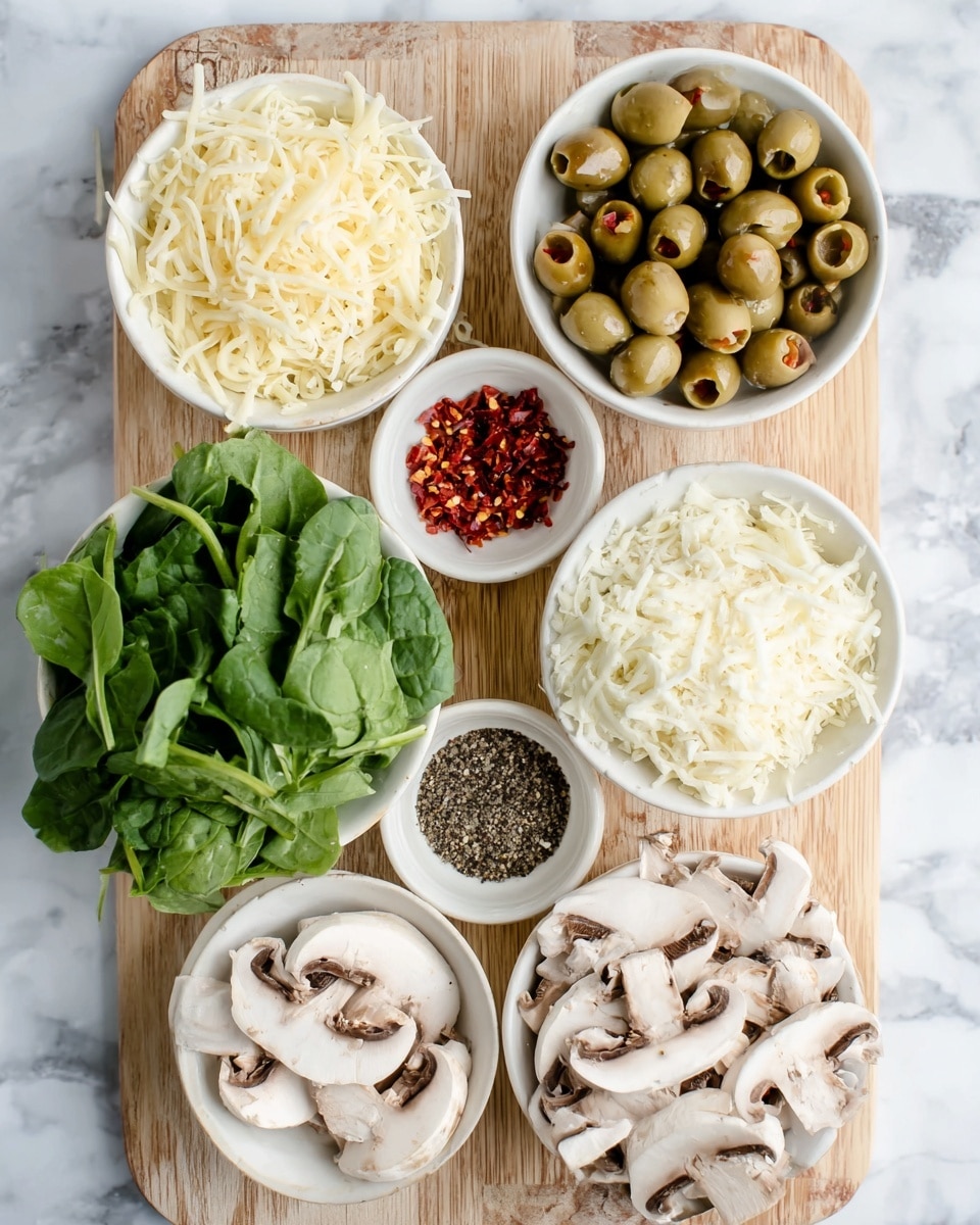 The image shows a wooden board with seven white bowls and piles of ingredients arranged neatly. The top left bowl is full of shredded pale yellow cheese. To its right is a white bowl filled with green olives with red pimento in the center. Below the olives is a small white bowl with red chili flakes. In the middle of the board is a white bowl filled with grated white cheese. Below and to the left of this bowl is a heap of fresh green spinach leaves, while sliced white mushrooms are placed below the shredded cheese. To the left of the bowl with grated cheese is a small white bowl with black pepper. The board rests on a white marbled surface. Photo taken with an iphone --ar 4:5 --v 7
