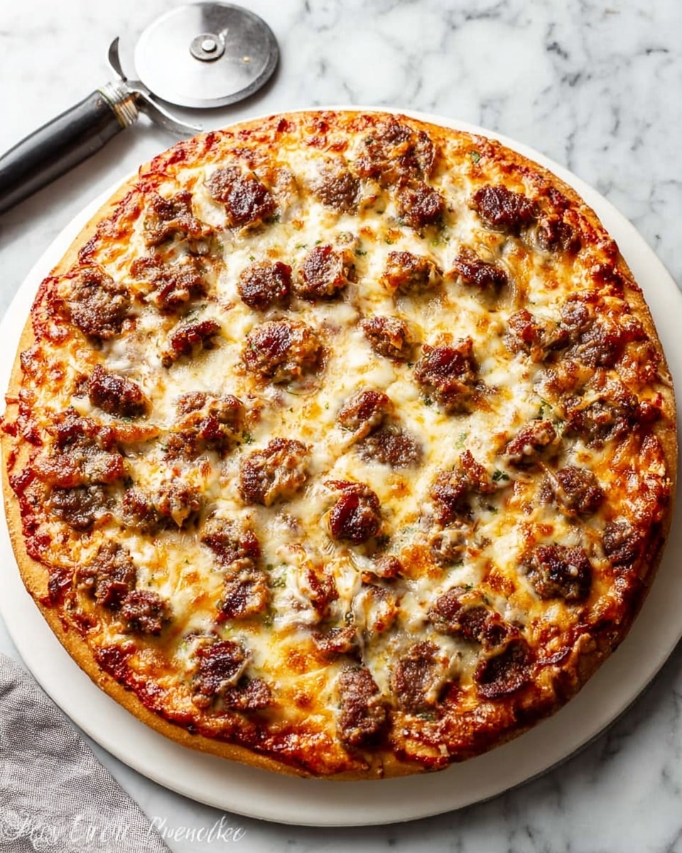 A round pizza with a thick golden-brown crust sits on a white marbled surface. The base layer is a light reddish tomato sauce, topped with a thick layer of melted cheese that has browned spots across the surface. Scattered evenly on top are slices of browned sausage and cooked ground meat, both with dark and rich textures. The pizza cutter with a metal round blade and a black handle lies next to the pizza. Photo taken with an iphone --ar 4:5 --v 7