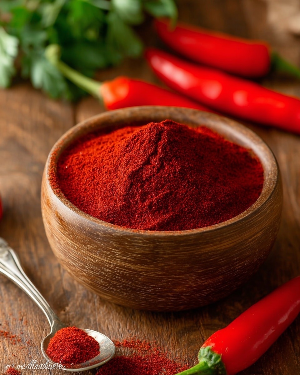 A small round wooden bowl filled with fine red powder spice, with a slight dip in the center showing texture, placed on a wooden surface. Around the bowl are three bright red peppers with green tops, and a green leafy herb in the background. A silver spoon with some red powder is partially visible on the left side near the bowl. The overall image is warm and vibrant with a focus on the spice. photo taken with an iphone --ar 4:5 --v 7