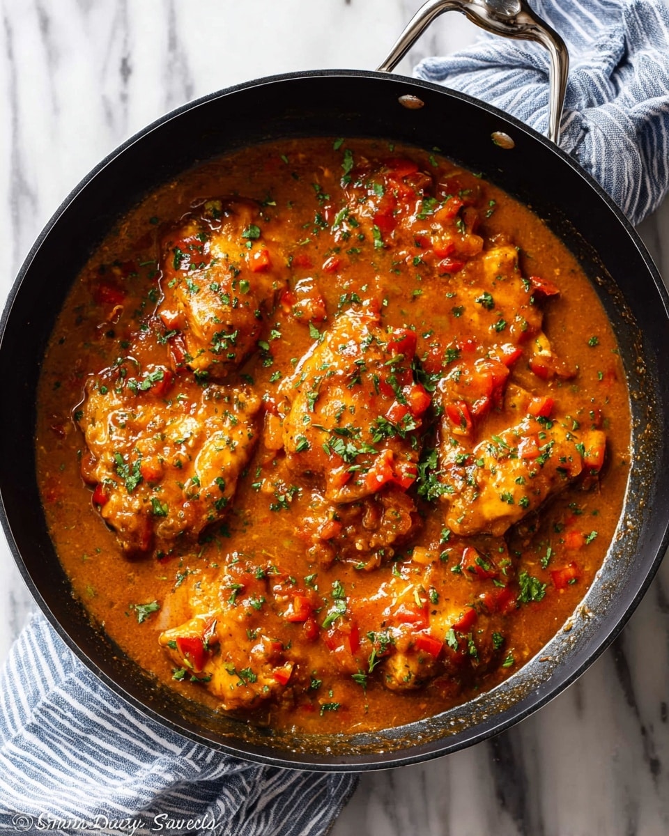A black pan filled with a rich orange-brown sauce that covers multiple pieces of chicken. The sauce has a smooth texture with small chunks of red peppers and bits of herbs sprinkled on top. The chicken pieces peek through the sauce, showing a moist and tender surface. The pan sits on a white marbled surface with a striped blue and white cloth beside it. photo taken with an iphone --ar 4:5 --v 7
