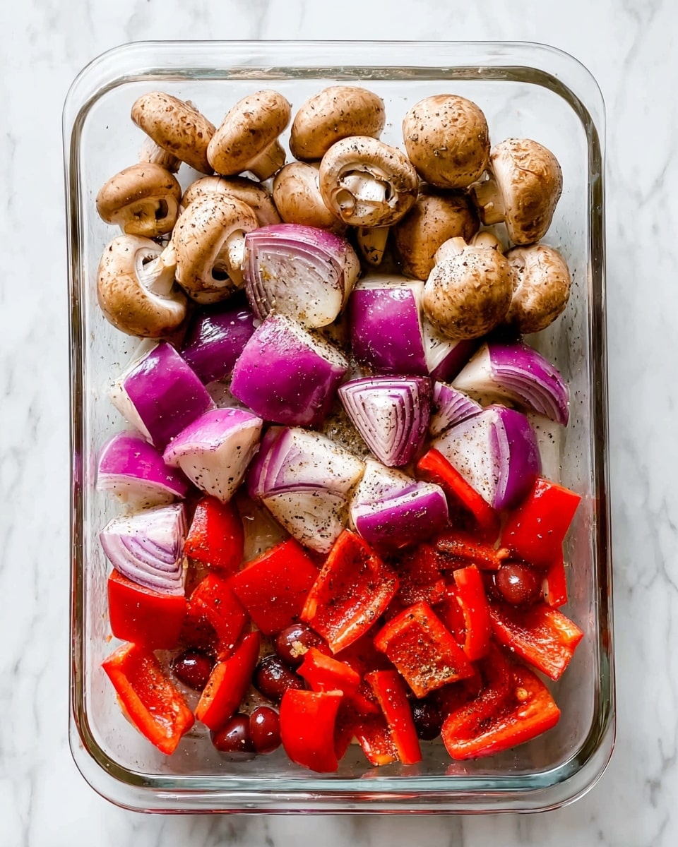 A clear rectangular glass baking dish sits on a white marbled surface, filled with three layers of fresh vegetables. At the top layer, there are whole light brown mushrooms sprinkled with black pepper. Below them, there are large chunks of purple-red onion with a light white center, also sprinkled with black pepper. The bottom layer has bright red bell pepper pieces with a shiny texture and some drops of seasoning. Scattered among the onions and peppers are small, dark red cherry tomatoes. The vegetables fill the dish evenly, showing a mix of round and blocky shapes, creating a colorful, fresh look photo taken with an iphone --ar 4:5 --v 7