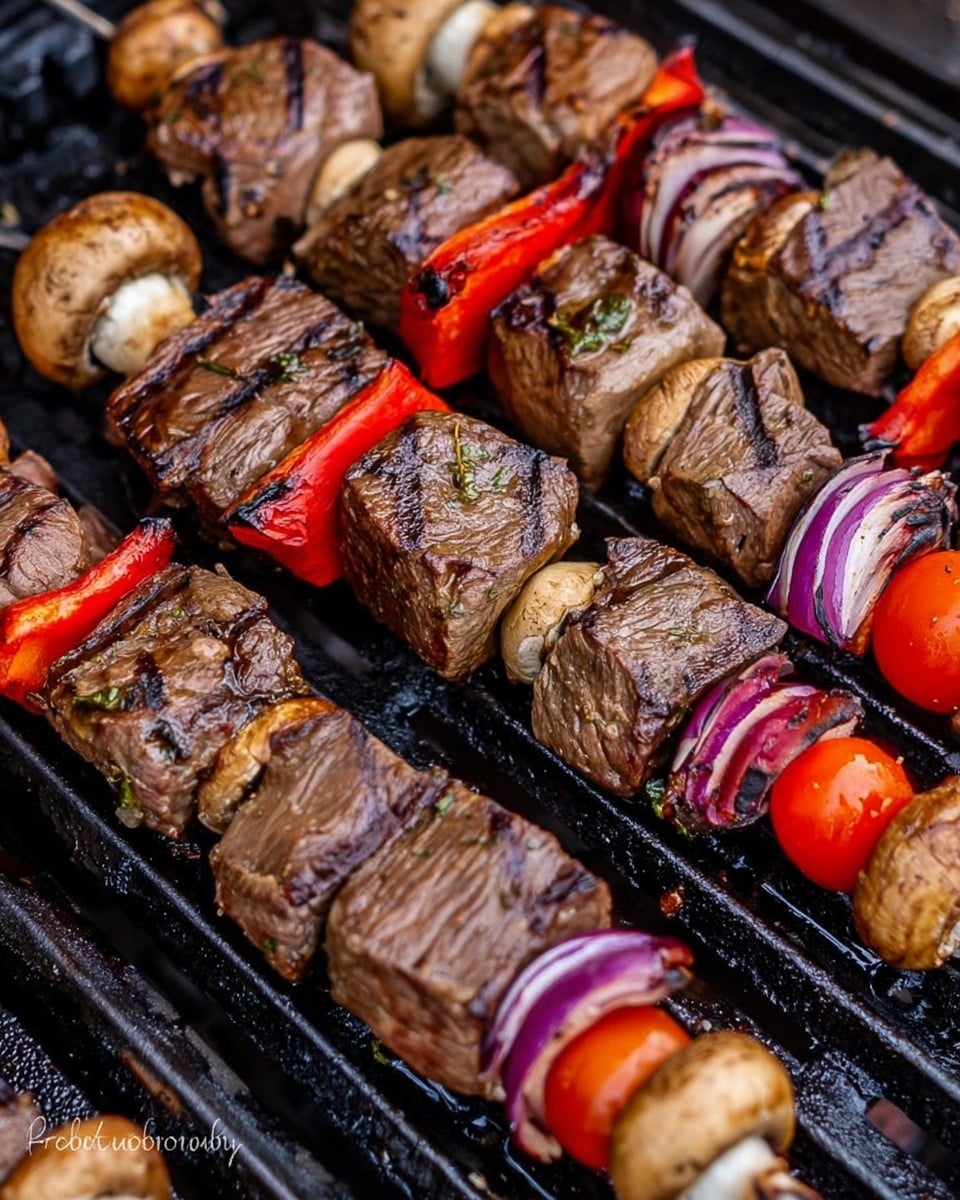 There are several metal skewers on a grill, each with four main layers: thick brown grilled meat chunks with dark grill marks, bright red bell pepper pieces, purple onion slices with layers visible, and whole light brown mushrooms at the ends. There are also small red cherry tomatoes paired with onions on some skewers. The grill bars are black, and the meat looks juicy and tender. The colors contrast well with the white marbled texture background. photo taken with an iphone --ar 4:5 --v 7