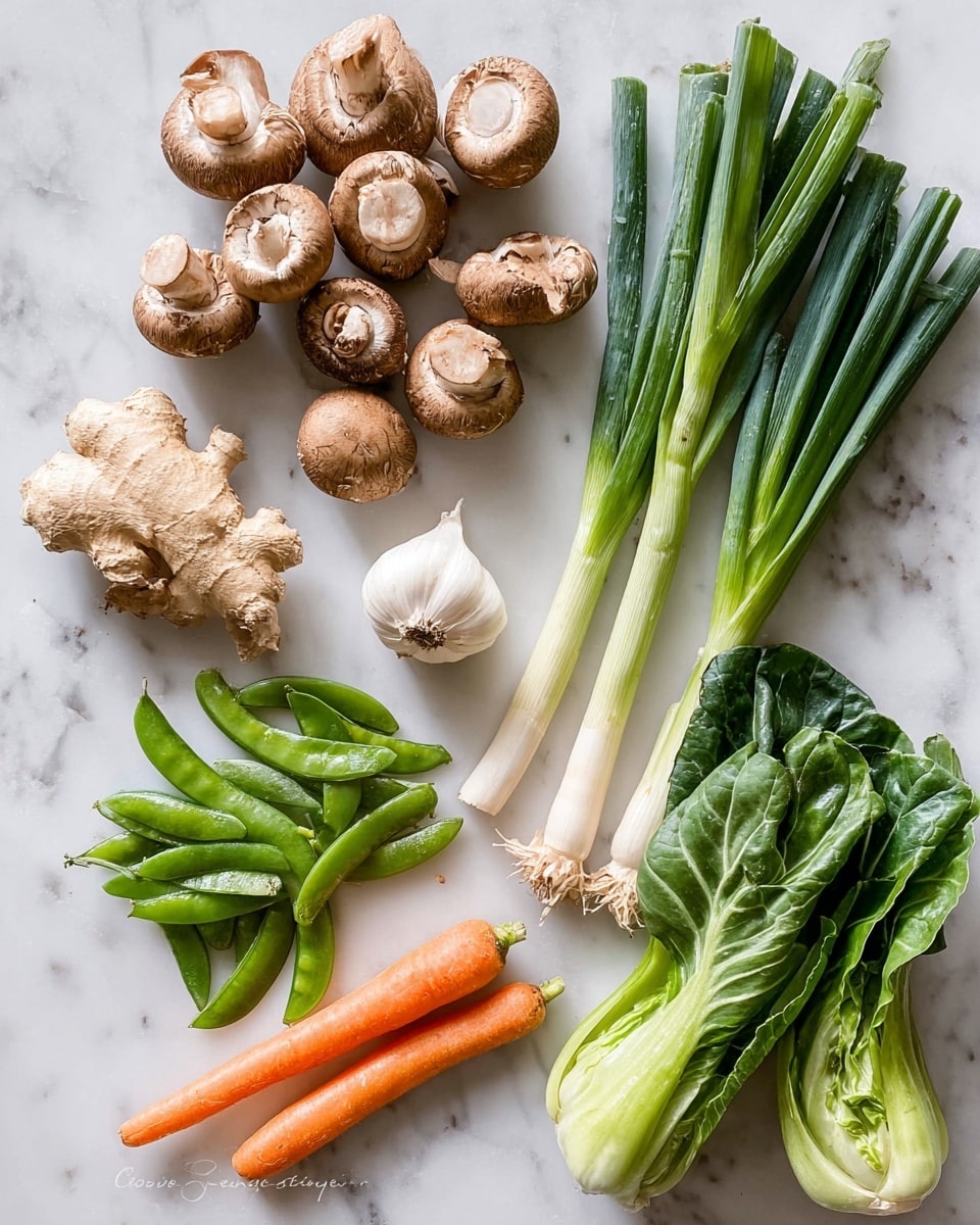 The image shows an arrangement of fresh vegetables on a white marbled surface. On the top left, there is a group of small round brown mushrooms with caps facing up, next to them on the right is a bunch of long green onions with white bulbs at the bottom. Below the mushrooms and onions, there is a single whole white garlic bulb placed near the center. In the middle, a piece of light brown ginger root is placed with its rough texture visible. To the bottom left of the ginger, there is a small pile of bright green snap peas. Near the snap peas, two slender orange carrots are laid side by side. On the bottom right, there are dark green leafy bok choy with white stalks, their leaves showing clear wrinkles and veins. The vegetables are spread out neatly, showing their natural colors and textures. photo taken with an iphone --ar 4:5 --v 7