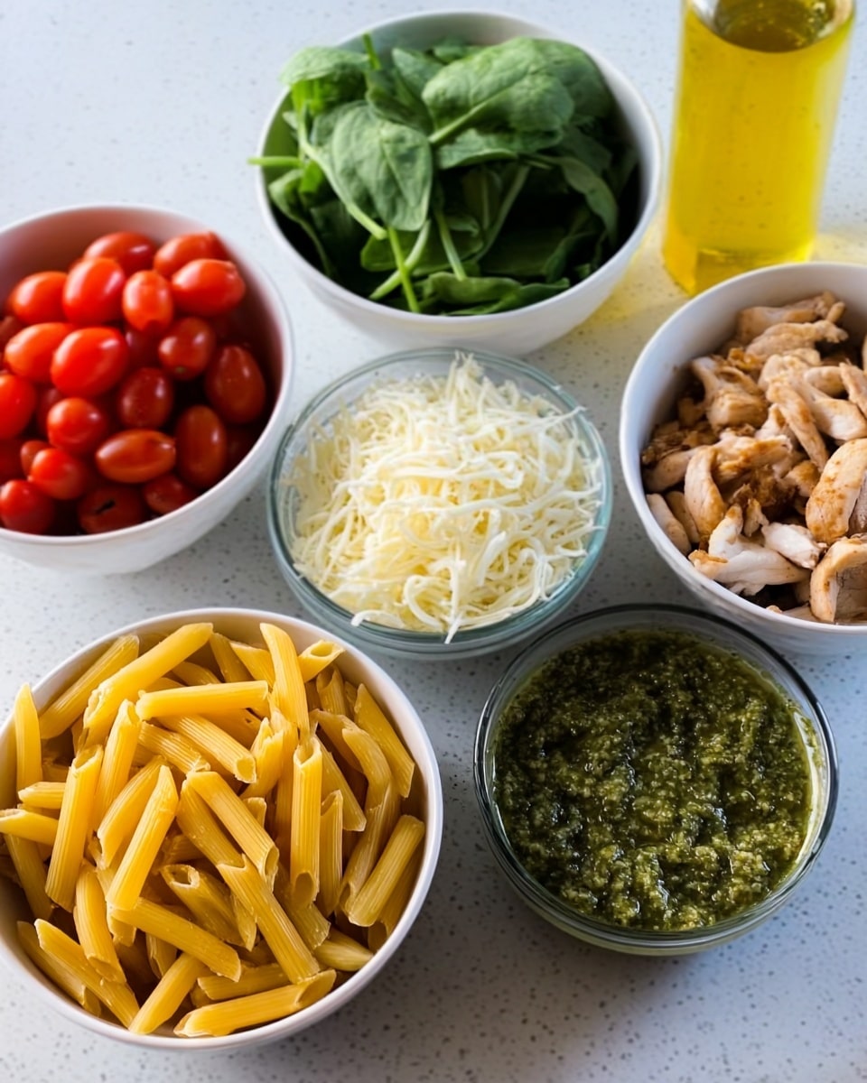 The image shows six white bowls arranged on a white marbled surface. One bowl contains yellow penne pasta with a smooth texture and a bright color, positioned near the bottom left. Another bowl holds red cherry tomatoes, shiny and round, placed at the top left. A bowl of fresh bright green spinach leaves is at the top center, looking crisp. To the right, a bowl filled with white shredded cheese with a soft texture is visible. Next to it, a bowl with browned cooked chicken pieces sits near the bottom right, showing a slightly rough texture. In the foreground, a bowl contains green pesto sauce with a thick texture and small bits. At the back right, there is a clear bottle with a yellow liquid. Photo taken with an iphone --ar 4:5 --v 7