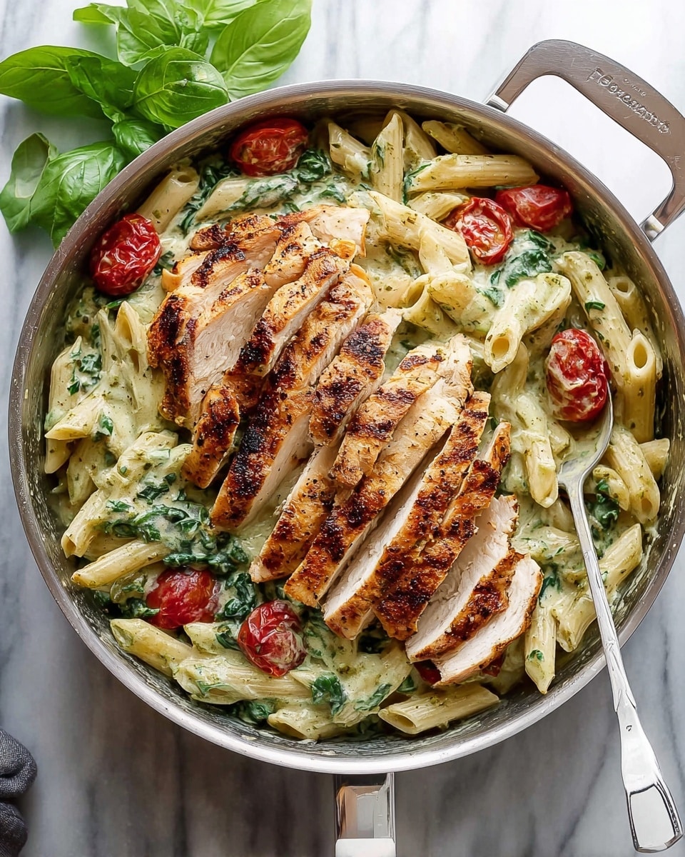 A large pan on a white marbled surface holds a creamy pasta dish with two rows of thickly sliced grilled chicken on top. The pasta is penne, coated in a light green pesto cream sauce with visible spinach leaves and whole red cherry tomatoes mixed in. The grilled chicken layers show a golden brown outside with white, juicy inside. Near the pan's handle, a spoon with a white handle lies on the surface. A small bunch of fresh green basil sits near the top left corner of the image. Photo taken with an iphone --ar 4:5 --v 7