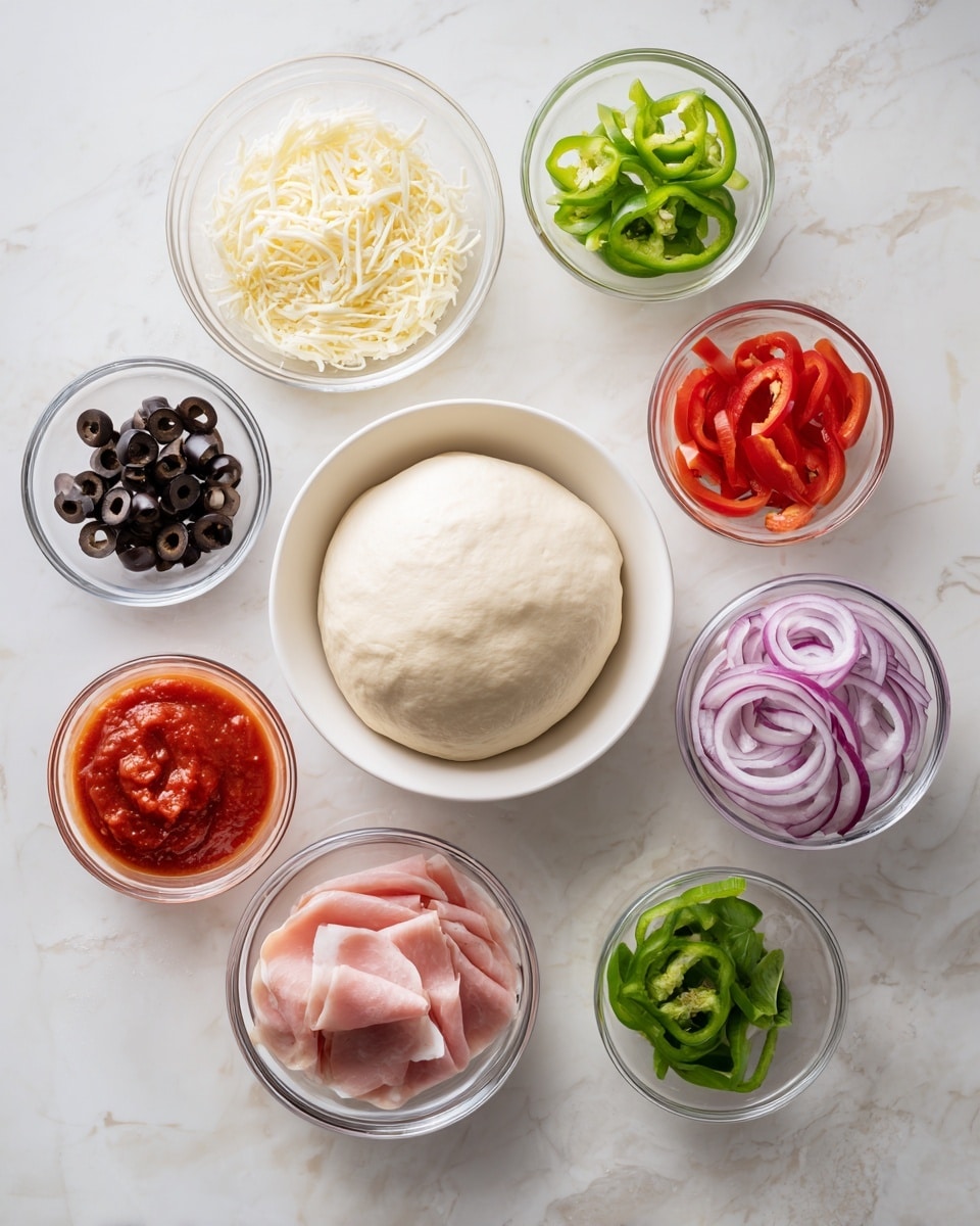 The image shows several small clear and white bowls arranged on a white marbled surface, each filled with different pizza ingredients. In the center, there is a white bowl with a ball of smooth, pale dough. Around it, starting from the top left and going clockwise, there is a clear bowl with grated pale yellow cheese, a white bowl with sliced black olives, a clear bowl with thin, bright red bell pepper rings, a clear bowl with thin purple onion rings, a white bowl filled with red tomato sauce, a white bowl with thin, green bell pepper rings, a small clear bowl with fresh green basil leaves, a clear bowl with folded slices of pink ham, and another clear bowl with round slices of red pepperoni. photo taken with an iphone --ar 4:5 --v 7