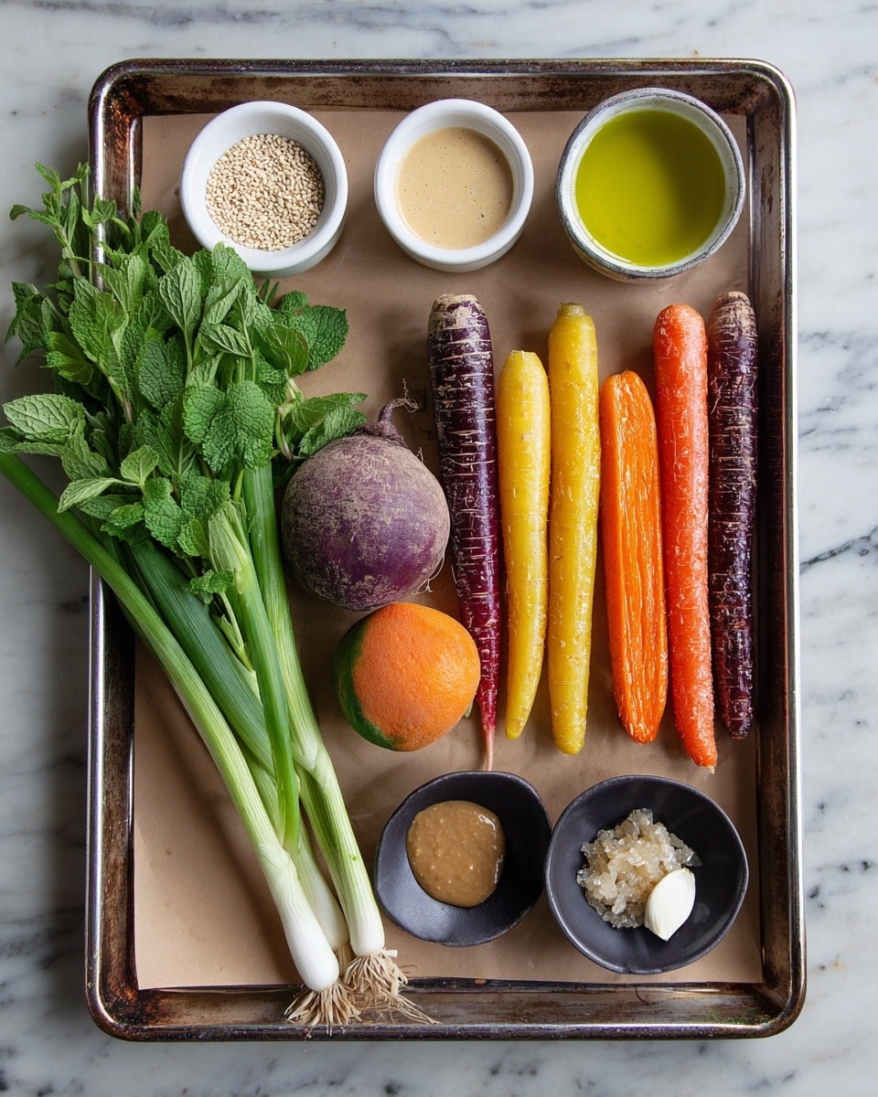 A metal tray holds an arrangement of fresh ingredients on brown paper, set on a white marbled surface. On the right side of the tray, there are seven carrots in a row, with colors ranging from purple, orange, yellow, to deep red, showing their rough textured skins. Next to the carrots is a round purple and green root vegetable, followed by a bright orange orange. To the left of these, a bunch of green cilantro and fresh mint leaves add a leafy texture. Moving farther left, three long green onions lie diagonally. There are five small white ceramic bowls with different contents: whole sesame seeds, light brown sauce, creamy beige sauce, greenish-yellow olive oil, and light brown paste. Two small dark grey dishes hold minced ginger and a peeled white garlic clove, along with a light brown paste. The photo taken with an iphone --ar 4:5 --v 7