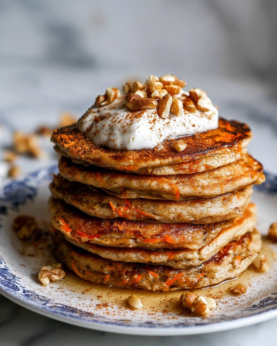 A stack of five thick, golden brown pancakes sits on a white plate with blue patterns. Each pancake has a slightly uneven, fluffy texture with visible bits of orange, suggesting shredded carrot inside. On top, there is a large dollop of white cream or yogurt with chopped walnuts sprinkled over it, and a light dusting of cinnamon or spice. Maple syrup drips down the sides of the pancakes and pools slightly on the plate, with some walnut pieces scattered around. The background is a white marbled texture, and another blurred stack of pancakes can be seen in the back. photo taken with an iphone --ar 4:5 --v 7