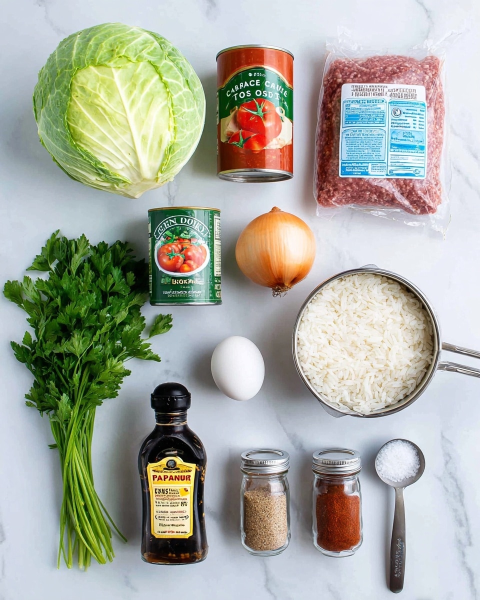 The image shows various cooking ingredients arranged neatly on a white marbled surface. On the top left is a whole green cabbage, next to it on the right is a sealed packet of raw ground beef with a blue label. Below the cabbage, there is a can of tomato sauce with red tomatoes on the label, and next to it, a can of crushed tomatoes with a green label. In the middle, there is a whole onion and a bunch of fresh green parsley. To the right of the onion, there is a single brown egg and above it, a metal measuring cup filled with cooked white rice. At the bottom, there is a bottle of Worcestershire sauce with a yellow label, two glass jars labeled