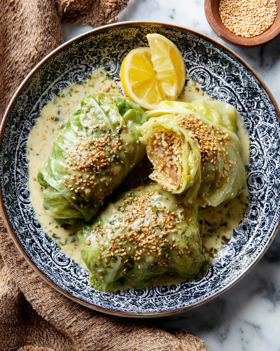 Three large stuffed cabbage rolls covered in a creamy light green sauce and sprinkled with toasted sesame seeds sit on a white bowl with an intricate dark blue pattern. One cabbage roll is cut in half, showing a light brown filling inside. A bright yellow lemon wedge is placed at the top edge of the bowl. The bowl is set on a white marbled surface, with part of a brown textured cloth visible at the bottom left corner. A small brown bowl with sesame seeds is partially visible on the top right. Photo taken with an iphone --ar 4:5 --v 7
