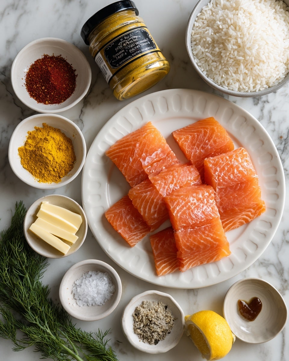 A white round plate sits on a white marbled texture background, holding six slices of orange-pink smoked salmon, each arranged neatly and slightly overlapping in a circular pattern. Around the plate are small white bowls and dishes with various seasonings and ingredients, including two bright red and yellow powders on one plate, pale yellow butter sticks on another, and a small bowl filled with white rice grains. There is also a glass jar of mustard with a black label to the side, a sprig of fresh green dill, a bowl with beige ground garlic, a bowl containing coarse salt and pepper, and a small dish of dark soy sauce. A wedge of lemon is placed near the bottom right edge. The photo taken with an iphone --ar 4:5 --v 7