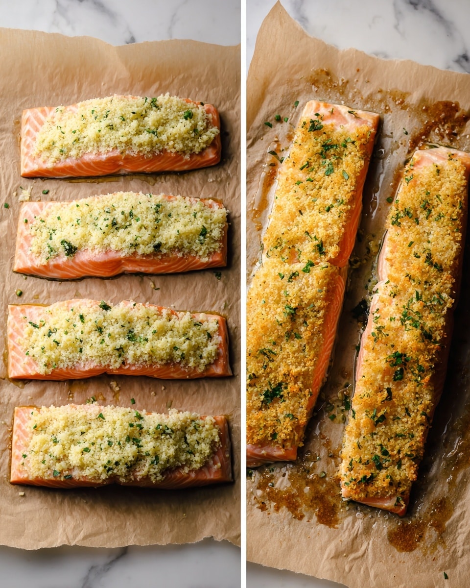 The image shows two views of salmon fillets with a crumb topping. On the left side, three raw salmon fillets are arranged in a row on brown parchment paper placed on a white marbled surface. Each fillet is fully covered with a thick layer of light yellowish crumb mixture mixed with green herbs. On the right side, two cooked salmon fillets are shown close up, with a golden-brown crispy crumb crust on top, dotted with green herbs. The fillets are on browned parchment paper that shows some oil spots around. photo taken with an iphone --ar 4:5 --v 7