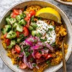 Golden Ground Turkey and Rice Skillet with Sumac Cucumber Salad Recipe