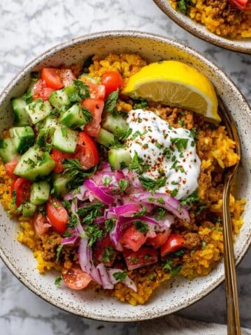Golden Ground Turkey and Rice Skillet with Sumac Cucumber Salad Recipe