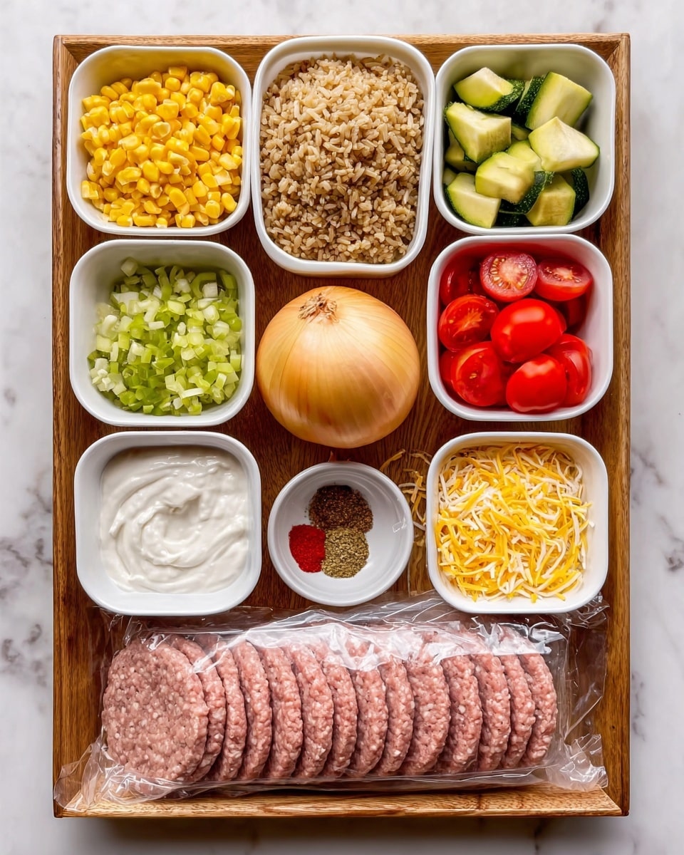 The image shows a top-down view of a wooden tray holding several white bowls and a clear plastic package, all arranged neatly on a white marbled surface. There are five white bowls in total: one with bright yellow corn, one with red cherry tomato halves, one with light green chopped squash, one with chopped green chilies, and one with cooked brown rice. In the middle of the tray, there is a whole light brown onion. Below, two smaller white bowls hold white sour cream and a mix of shredded yellow and white cheese. Two tiny white bowls contain ground brown spices and red spices. A clear plastic package at the bottom holds six light pink raw patties stacked evenly inside. The arrangement is clean and colorful, with contrasting textures and fresh ingredients visible. photo taken with an iphone --ar 4:5 --v 7