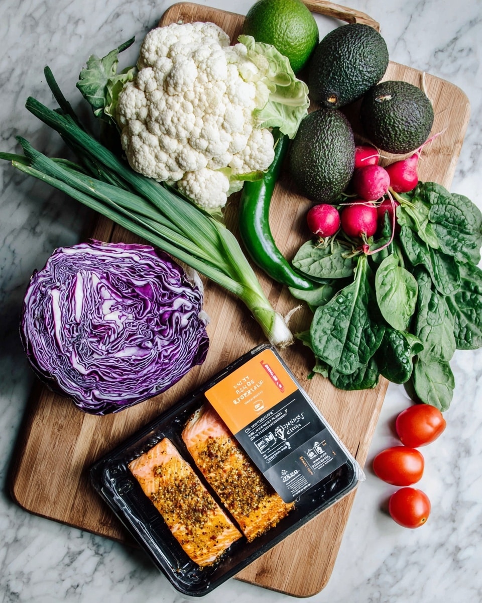The image shows a wooden board with fresh vegetables and packaged salmon fillets. On the left side, there are two large pieces of white cauliflower and a wedge of purple cabbage with white veins. Near the center, there are green onions with long green stalks, dark green spinach leaves, and a green chili pepper. To the right, there are two dark green avocados, a bunch of radishes with red bulbs and green leaves, and several small red cherry tomatoes scattered around. In the lower right corner, a black plastic tray holds two honey chipotle salmon fillets with a coarse, mustard-like crust, partially covered by an orange label. The whole setup rests on a white marbled surface. photo taken with an iphone --ar 4:5 --v 7