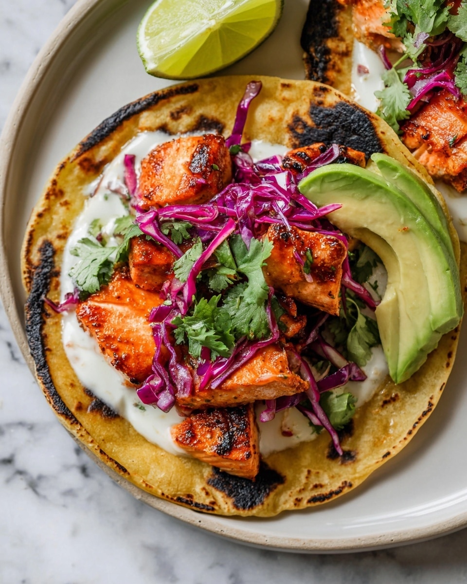 The image shows a close-up of a taco with four layers on a white plate. The bottom layer is a grilled, slightly charred corn tortilla with a yellow and brown color. Next, there is a white creamy sauce spread across the tortilla. On top of the sauce are several pieces of cooked salmon, bright orange with some char marks. Over the salmon, there is a layer of thin, bright purple shredded cabbage mixed with fresh green cilantro leaves. The final layer is sliced avocado, pale green with smooth texture, placed near the top edge of the tortilla. A lime wedge with a green outer peel and light green inside lies on the plate next to the taco. The background shows a white marbled texture. Photo taken with an iphone --ar 4:5 --v 7