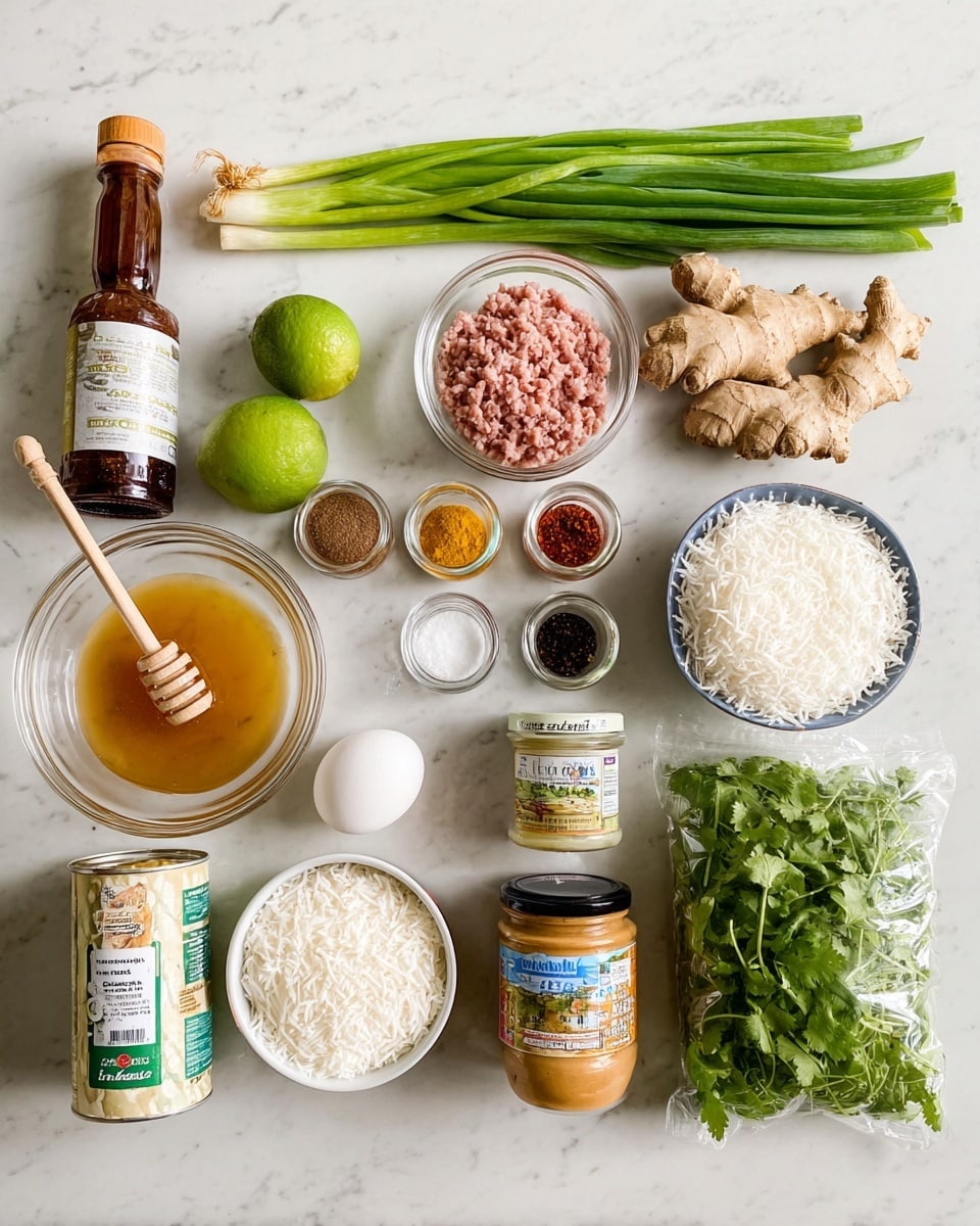 The image shows a white marbled surface with various cooking ingredients neatly arranged in rows. On the bottom left, there is a wooden honey bottle with a dipper, next to a small glass bowl with an egg and beside it, small bowls of salt and pepper. Above these are fresh green onions, a piece of ginger root, and a fresh lime. In the middle, there are small jars of turmeric and chili flakes, a clear container of pink minced meat, and a small bowl of shredded white coconut. To the right, there is a white tin of coconut milk, a jar of smooth peanut butter stacked below it, and a white bowl filled with shredded coconut. On the far right, a clear plastic bag filled with fresh green coriander leaves is placed. The photo taken with an iphone --ar 4:5 --v 7