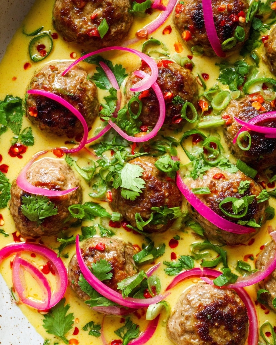This image shows a close-up of many round meatballs placed in a creamy yellow sauce with small red chili oil spots. Each meatball is browned on top and garnished with thin slices of pink pickled onions, bright green chopped spring onions, and fresh cilantro leaves scattered evenly around. The sauce has a smooth texture and surrounds all the meatballs, resting on a white marbled surface. The dish is colorful with warm tones of yellow, red, and green. photo taken with an iphone --ar 4:5 --v 7
