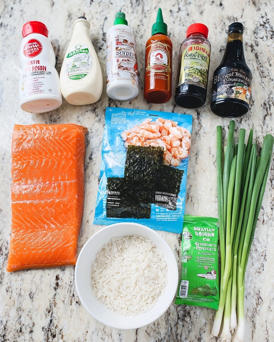 The image shows various sushi ingredients arranged neatly on a white marbled surface. At the top, there are five bottles of sauces and seasonings: a white bottle of Kewpie mayonnaise with a red cap, a clear bottle of sriracha hot chili sauce with a green cap, a clear bottle of rice vinegar with a red cap, a black bottle of unagi sauce, and a white container of nori komi furikake rice seasoning. Below them, on the left, is a large, fresh piece of orange salmon fillet, next to a blue and white pack of imitation crab meat. To the right of the crab meat is a bright green packet of organic roasted seaweed snacks. Below these, there are five fresh green onions placed horizontally across the image. In front of the onions, at the bottom center, is a white bowl filled with uncooked white sushi rice. The photo taken with an iphone --ar 4:5 --v 7