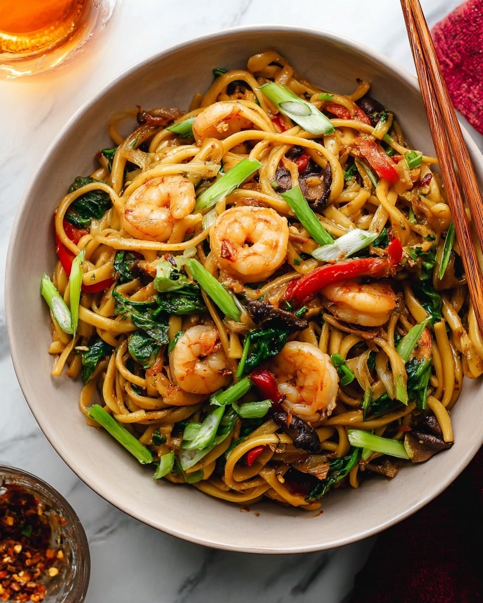 A white bowl is filled with a colorful shrimp noodle stir-fry arranged in a layered mix. On the bottom, thick golden noodles lie twisted and intertwined, coated with a shiny sauce. Scattered on top are pink shrimp showing light charring, mixed with vibrant green slices of spring onions and leafy greens, along with chunks of crunchy red bell pepper and dark brown mushroom pieces. The dish is garnished with small fried bits adding texture and a pair of wooden chopsticks hold some noodles and shrimp near the bowl's right edge. The bowl rests on a white marbled surface with a blurred glass of amber liquid slightly visible in the back. Photo taken with an iphone --ar 4:5 --v 7