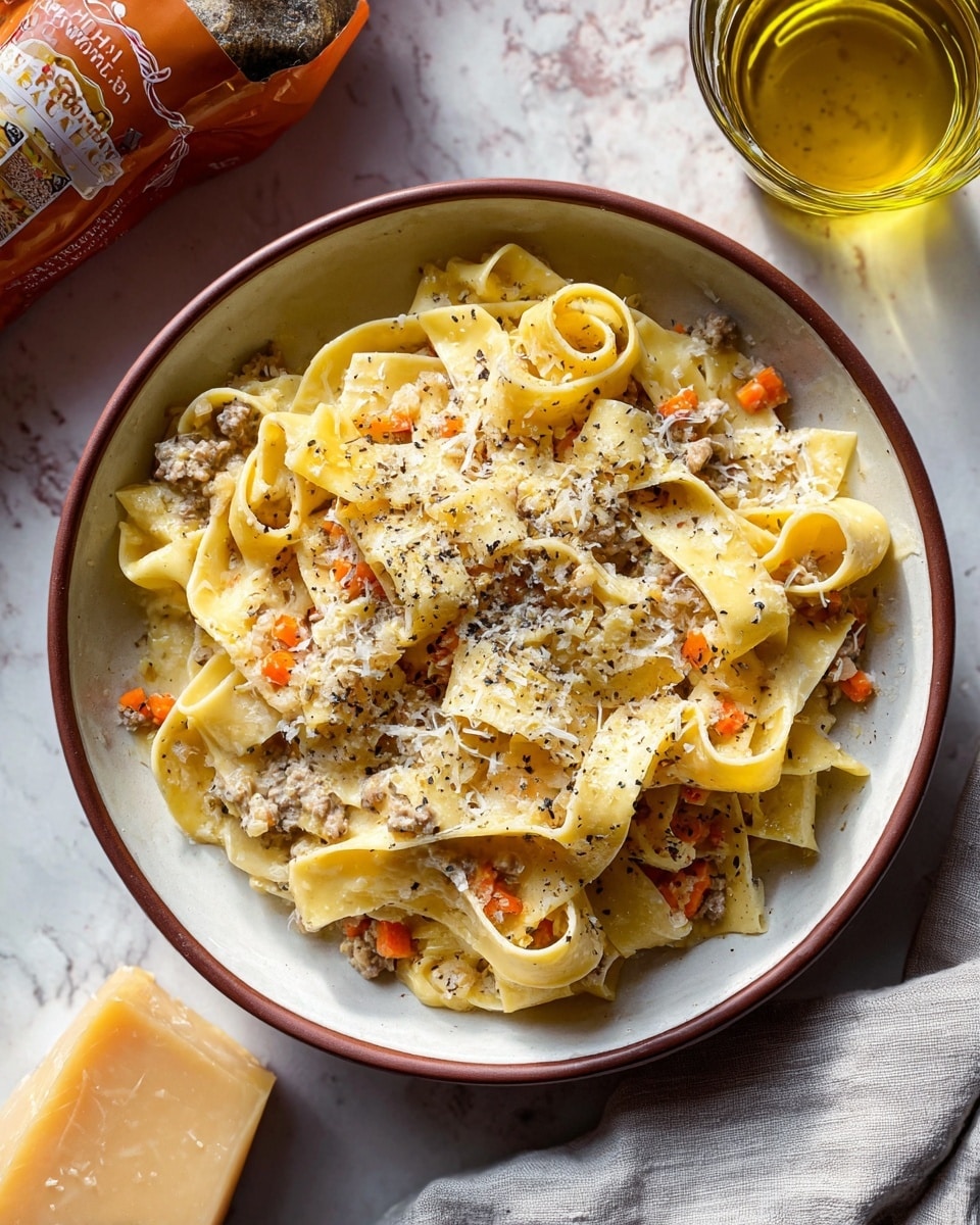 A bowl of wide egg pasta ribbons colored light yellow, mixed with a creamy sauce that has small bits of light brown meat and tiny orange carrot pieces, topped with grated white cheese and black pepper sprinkled over the surface. The pasta strands look soft and folded, sitting in a white bowl with a faint brown rim on a white marbled surface. Next to it, there is a small glass of yellow liquid, a block of pale yellow cheese, and parts of a pasta bag partially visible beside a light gray cloth. The photo shows a cozy meal setting with natural light. photo taken with an iphone --ar 4:5 --v 7