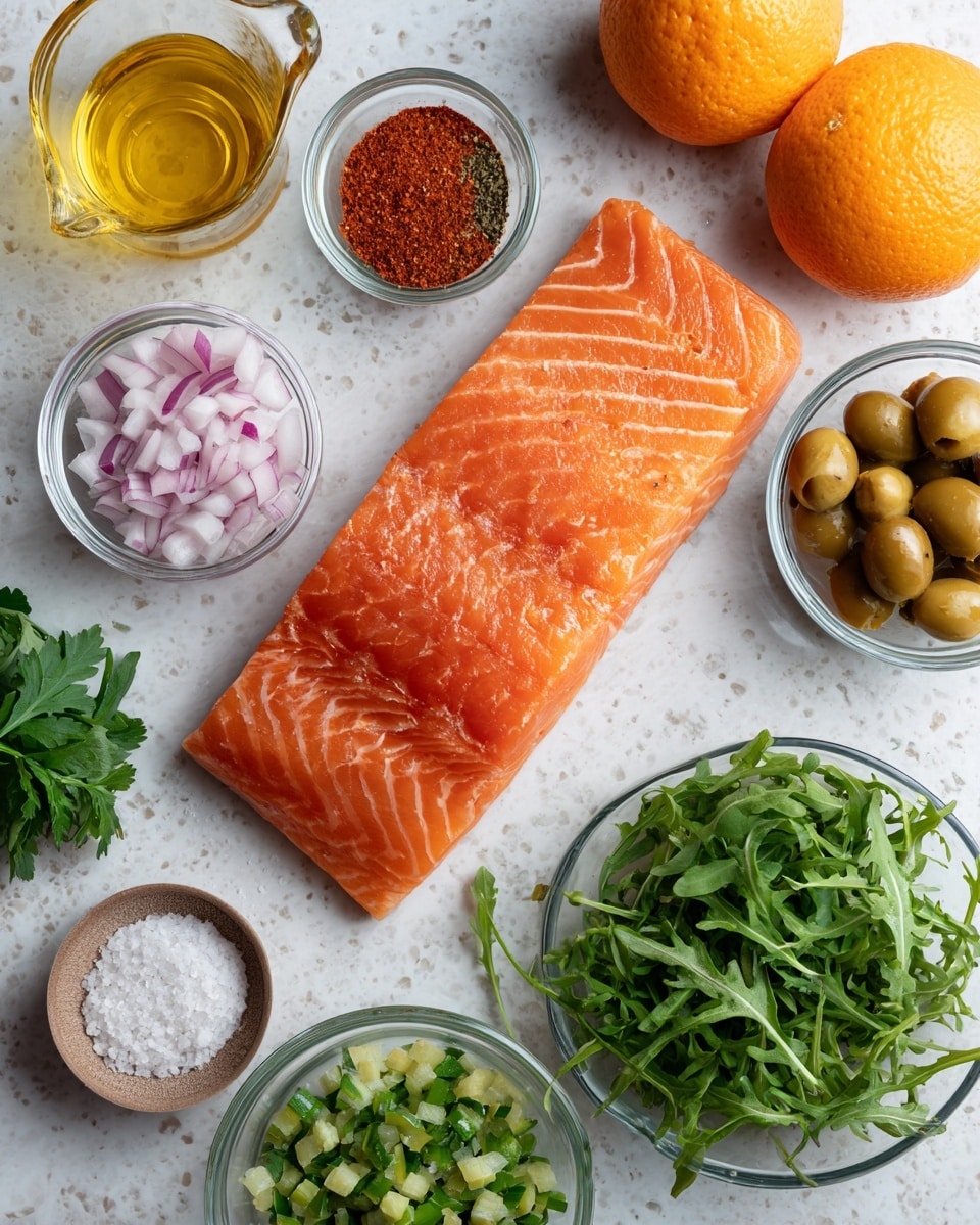 The image shows fresh ingredients on a white marbled surface, centered by a thick, raw salmon fillet with a smooth, orange-pink texture and white lines running through it in a diagonal pattern. Around the salmon, there are small clear glass bowls with sliced shallots in light pink and white, chopped green olives, fresh green parsley leaves, and arugula. Three whole, bright orange oranges are arranged above the salmon. There are also small bowls of red spice powder, black pepper, and greenish-brown spice, plus a small bowl of white salt. A clear glass measuring cup with golden olive oil sits near the top left, all ingredients spaced neatly apart. Photo taken with an iphone --ar 4:5 --v 7