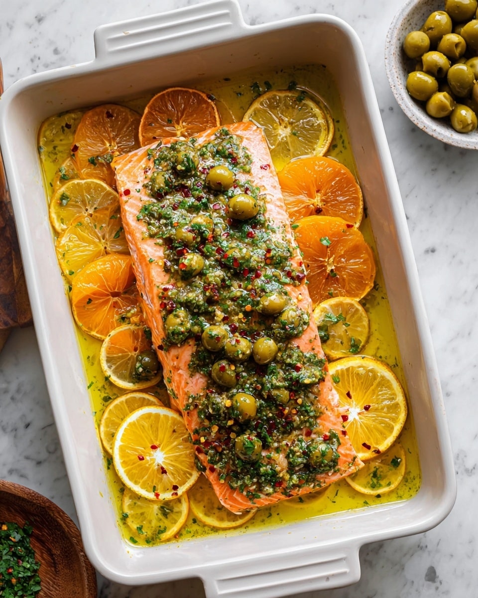 In a white rectangular baking dish, there is a thick piece of pink-orange cooked salmon placed on top of a layer of bright yellow and light orange slices of lemon and orange arranged flat. The salmon is topped with a chunky green herb and olive mixture, including finely chopped herbs and green olives scattered evenly across the surface. The dish is surrounded by a yellow oily sauce with red pepper flakes sprinkled over the salmon and sauce, creating small red specks. The white marbled surface can be seen around the dish, and part of a small white bowl with green olives is visible in the corner. photo taken with an iphone --ar 4:5 --v 7