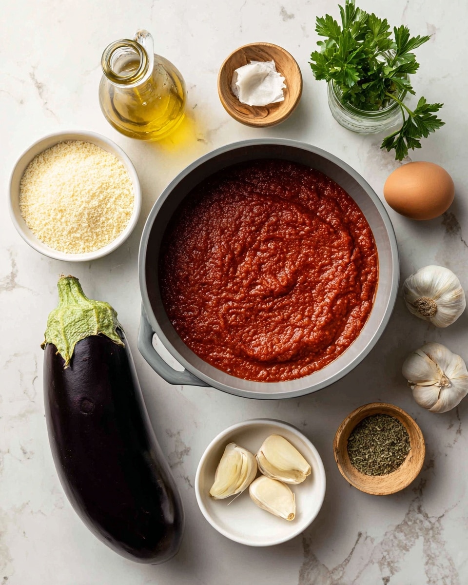 The image shows a gray pot filled with smooth, deep red tomato sauce, placed on a light gray surface with a white marbled texture. Next to it is a large, dark purple eggplant with a green top, surrounded by small white bowls, each holding different ingredients: one with grated pale yellow cheese, one with light beige breadcrumbs, another with two peeled garlic cloves, a single brown egg, and a small wooden bowl of dried herbs. Behind the eggplant, there is a clear bottle of golden olive oil and a small glass jar with fresh green parsley. The arrangement is neat and evenly spaced, set against the white marbled surface photo taken with an iphone --ar 4:5 --v 7