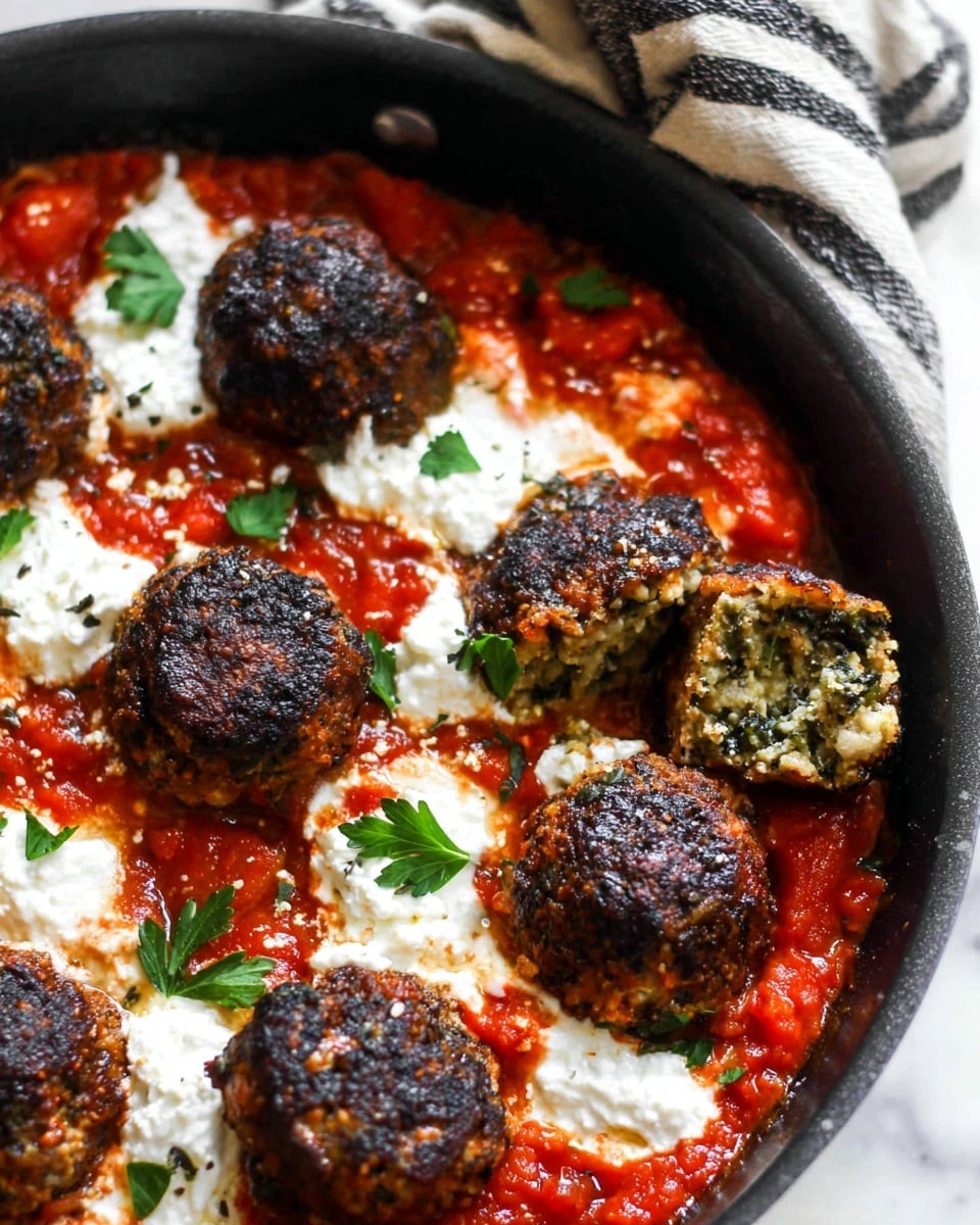 The image shows a black pan filled with a base layer of bright red chunky tomato sauce, topped with several browned meatballs that have a rough textured, crispy exterior. Dollops of creamy white ricotta cheese are scattered around the meatballs, creating a contrast between the cheese and sauce. One meatball is broken open, revealing a green herb-filled inside with a soft texture. Small green parsley leaves are also visible as garnish on top. The background consists of a white marbled surface and a cloth with black and white stripes sits beside the pan. Photo taken with an iphone --ar 4:5 --v 7