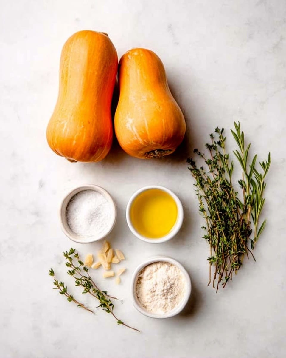 The image shows two whole orange butternut squashes placed near the top left on a white marbled surface. To the right of the squashes, there are green thyme and rosemary sprigs lying flat. Below the squashes are three small white bowls arranged in a triangle: one with a yellow liquid (likely oil), one with white granulated salt, and one with a mixture of white powder (likely flour) and small pieces. The overall setting is clean and bright with natural light. Photo taken with an iphone --ar 4:5 --v 7
