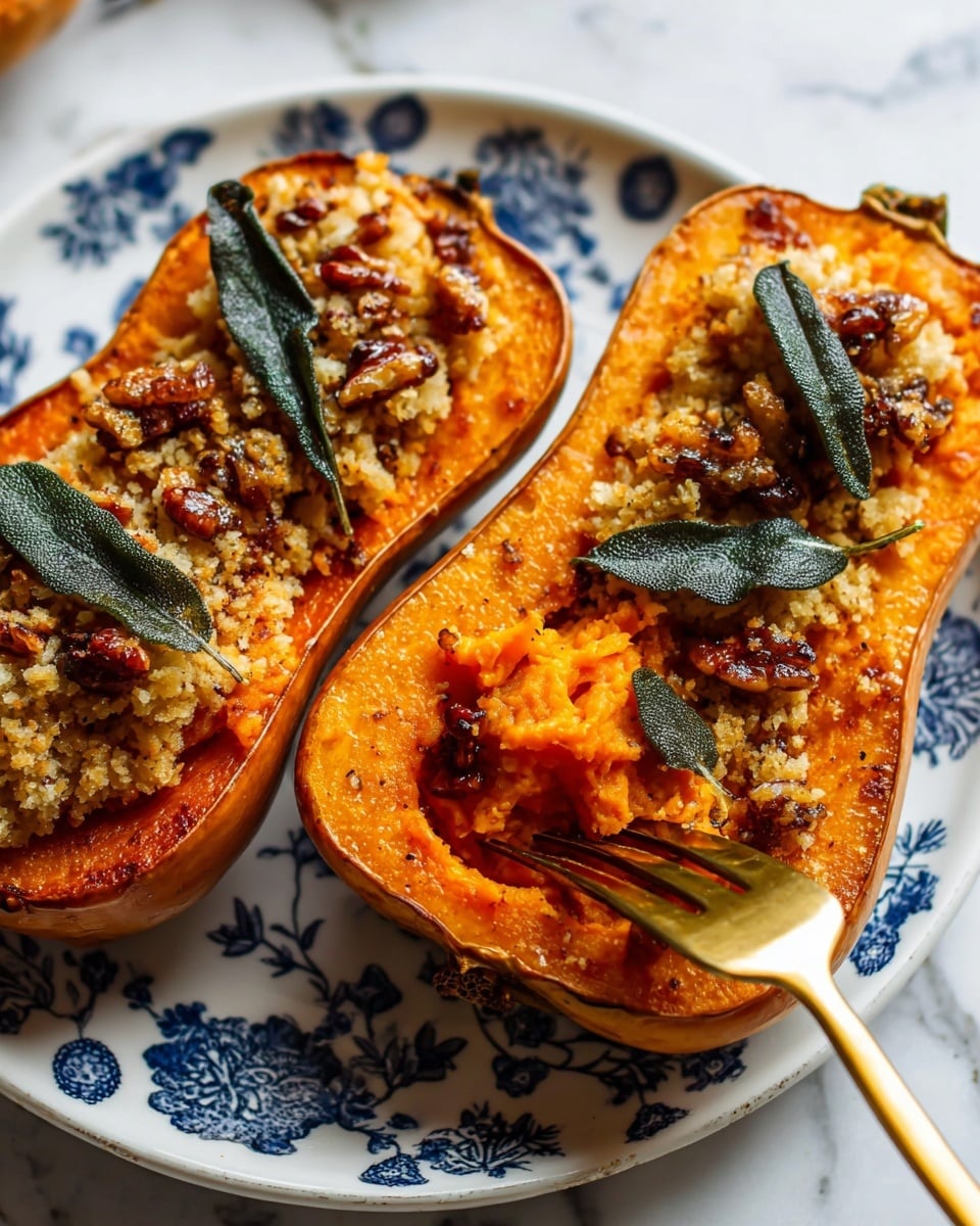 The image shows two halves of stuffed butternut squash on a white plate with blue floral designs, placed on a white marbled surface. Each squash half has three layers: the first layer is the deep orange squash base with a smooth texture and slightly roasted edges, the second layer is a soft, mashed orange filling that fills the hollow parts, and the third layer on top is a crumbly mix of small, light golden breadcrumbs and dark brown toasted nuts scattered evenly. There are also several crispy sage leaves garnishing the top layer, providing a dark green contrast. A golden fork with a piece of the filling is positioned on the right squash serving, pressing slightly into the soft filling. Photo taken with an iphone --ar 4:5 --v 7