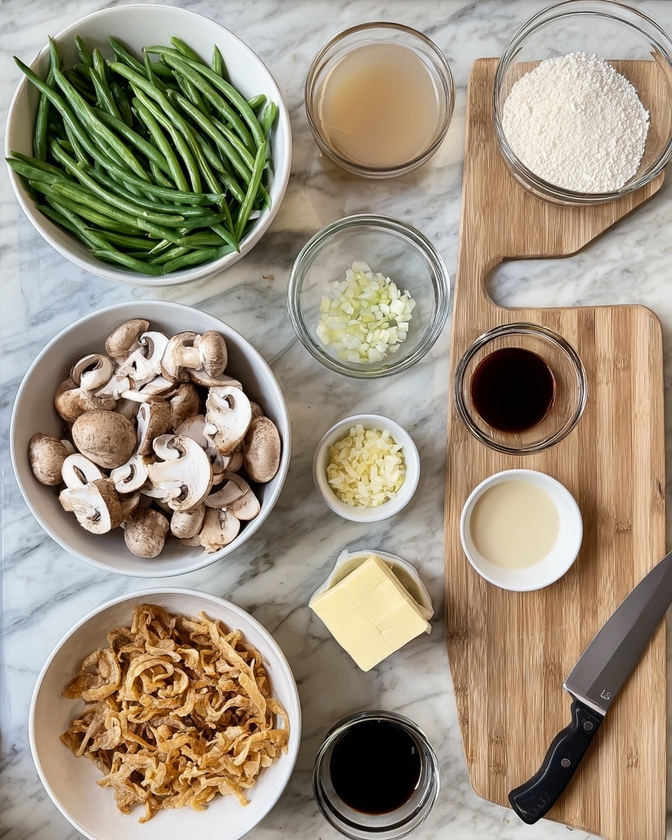 The image shows an overhead view of cooking ingredients arranged neatly on a white marbled texture. On the left, a white bowl is filled with fresh green beans. Beside it, another white bowl holds sliced brown mushrooms with white stems. Below, a white bowl contains crispy fried onions with a golden texture. Small white bowls hold finely chopped shallots, minced garlic, a small pile of salt, and butter pieces. There is also a clear bowl of flour, a glass bowl with light brown broth, a small white bowl with dark soy sauce, and a glass bowl with creamy white sauce. A wooden cutting board with a knife rests on the right side of the frame. photo taken with an iphone --ar 4:5 --v 7