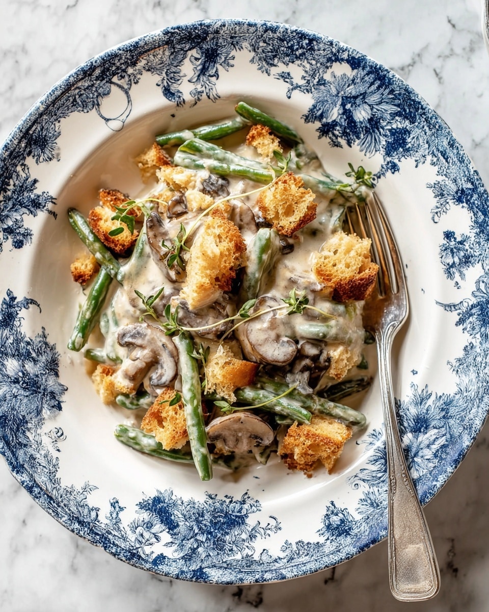 This dish shows a mix of creamy green beans and sliced brown mushrooms covered in a white sauce, placed in a white plate with a blue floral pattern. On top, there are golden, toasted bread pieces scattered unevenly, adding a crunchy texture. Some small green herb sprigs are scattered for garnish. A silver fork lies on the right side, angled towards the food. The plate sits on a white marbled surface. Photo taken with an iphone --ar 4:5 --v 7