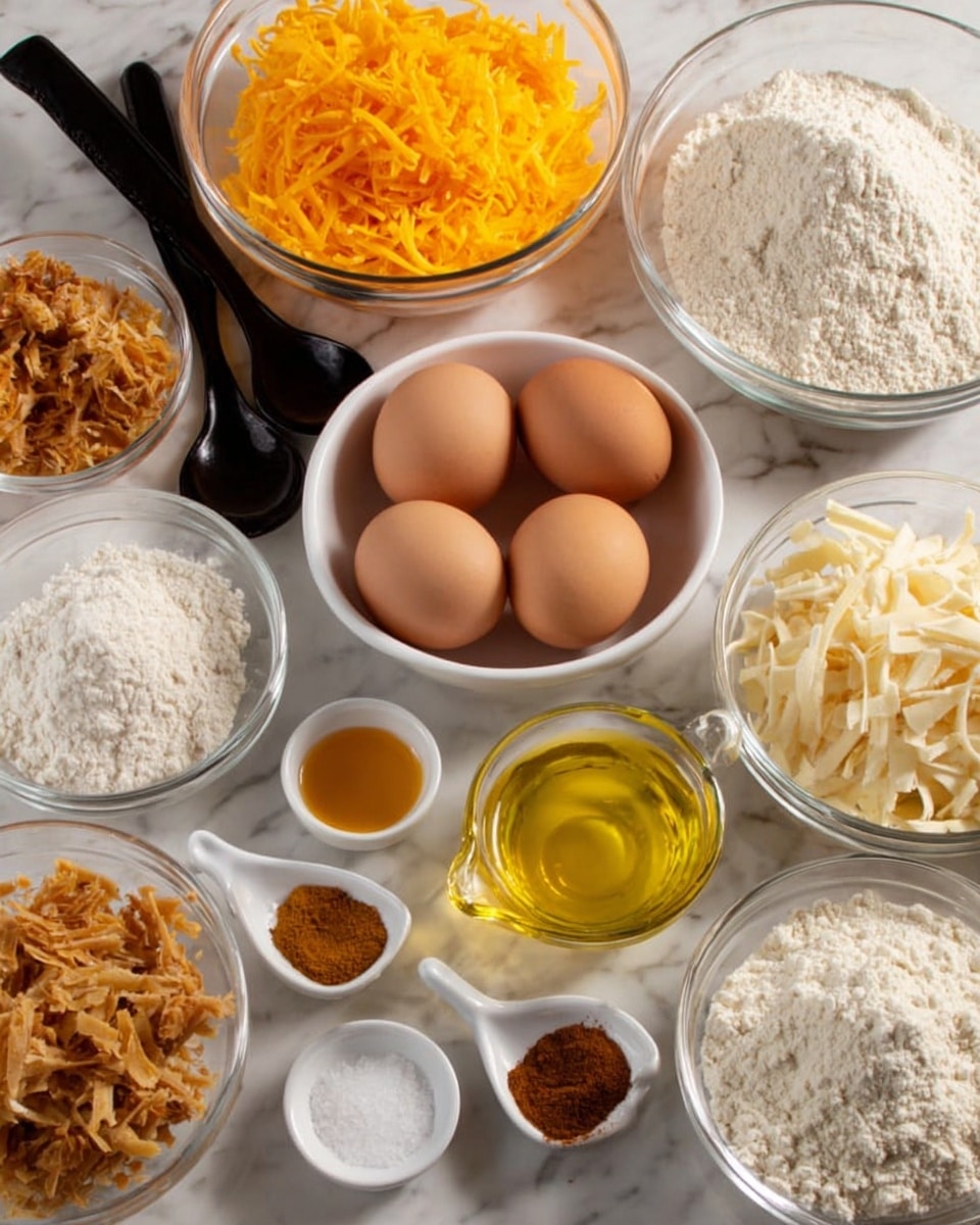 A white round bowl with four brown eggs sits in the center surrounded by several clear glass bowls filled with different ingredients. To the left, a large clear bowl holds bright orange shredded pieces, and next to it are two black spoons with white powders. On the right side, clear bowls contain light brown fine pieces, shredded pale strips, and white flour. A small glass measuring cup with a yellow liquid is near the center front. In front of the eggs, there are small white spoons holding golden liquid, brown powder, and white salt. Everything is placed on a white marbled surface. Photo taken with an iphone --ar 4:5 --v 7