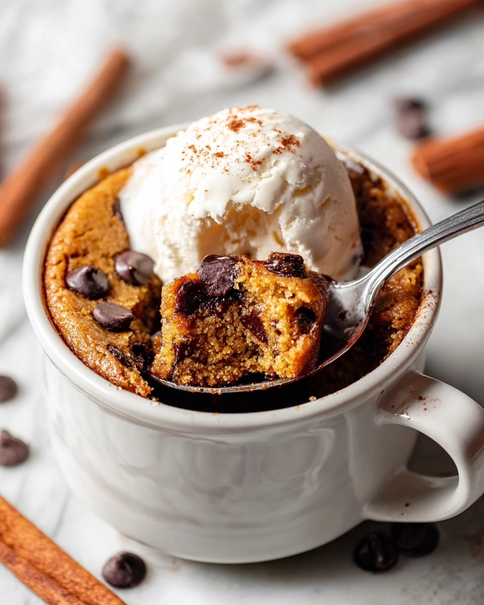 A white ceramic mug filled with a warm, golden-brown chocolate chip cake, topped with a scoop of creamy white vanilla ice cream that is slowly melting over the cake. The cake layer has visible dark chocolate chips scattered inside and on top, with a moist and airy texture. A silver spoon scoops a portion from the cake, showing the soft inside with chocolate chips melting slightly. The mug sits on a white marbled surface, with some chocolate chips and cinnamon sticks placed around it. Photo taken with an iphone --ar 4:5 --v 7