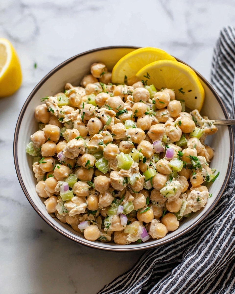 A bowl filled with a chickpea salad showing two layers: the base layer is made of round, pale beige chickpeas mixed with small pieces of light green celery and white chunks of a soft ingredient, likely chicken, all coated in a creamy, slightly glistening dressing. There are tiny bits of purple onion and green herbs sprinkled throughout. Two bright yellow lemon wedges rest on top near the edge of the bowl. The bowl is white with a thin dark rim and sits on a white marbled surface with a black and white striped cloth nearby. Photo taken with an iphone --ar 4:5 --v 7